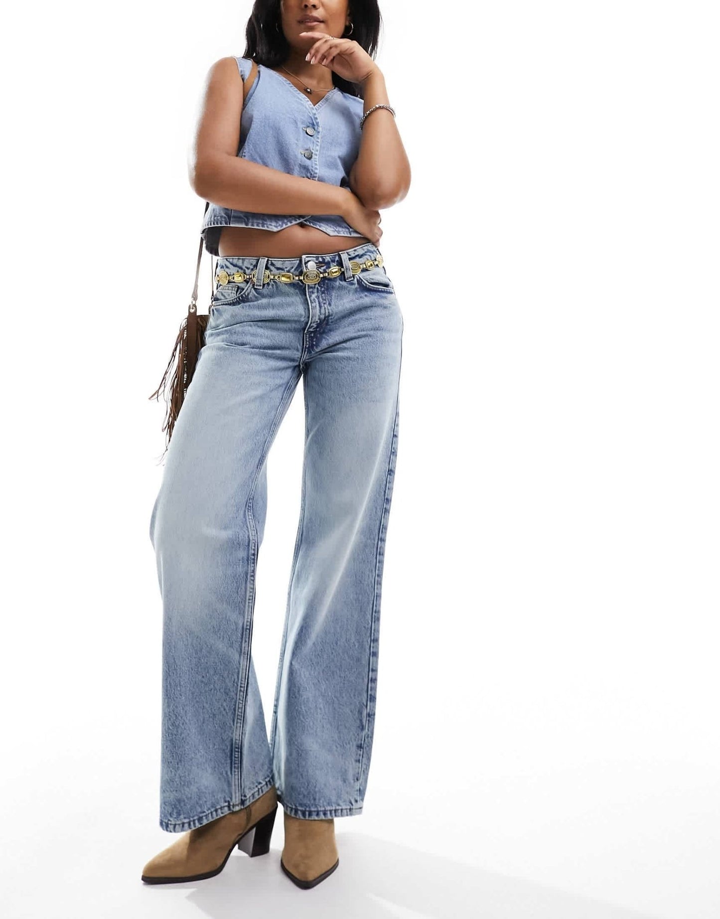 Monki Imoo low waisted wide fit jeans in tinted dirty wash blue - ASOS Sample Sale