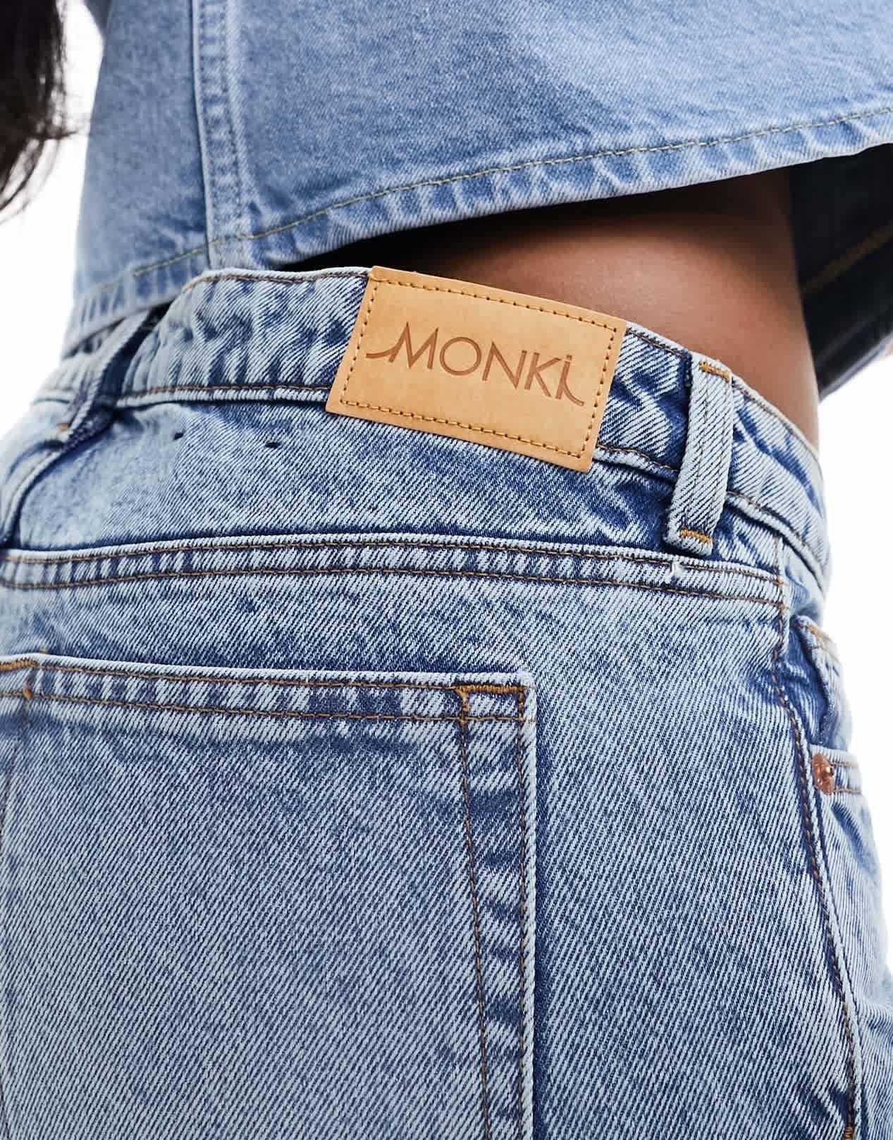 Monki Imoo low waisted wide fit jeans in tinted dirty wash blue - ASOS Sample Sale