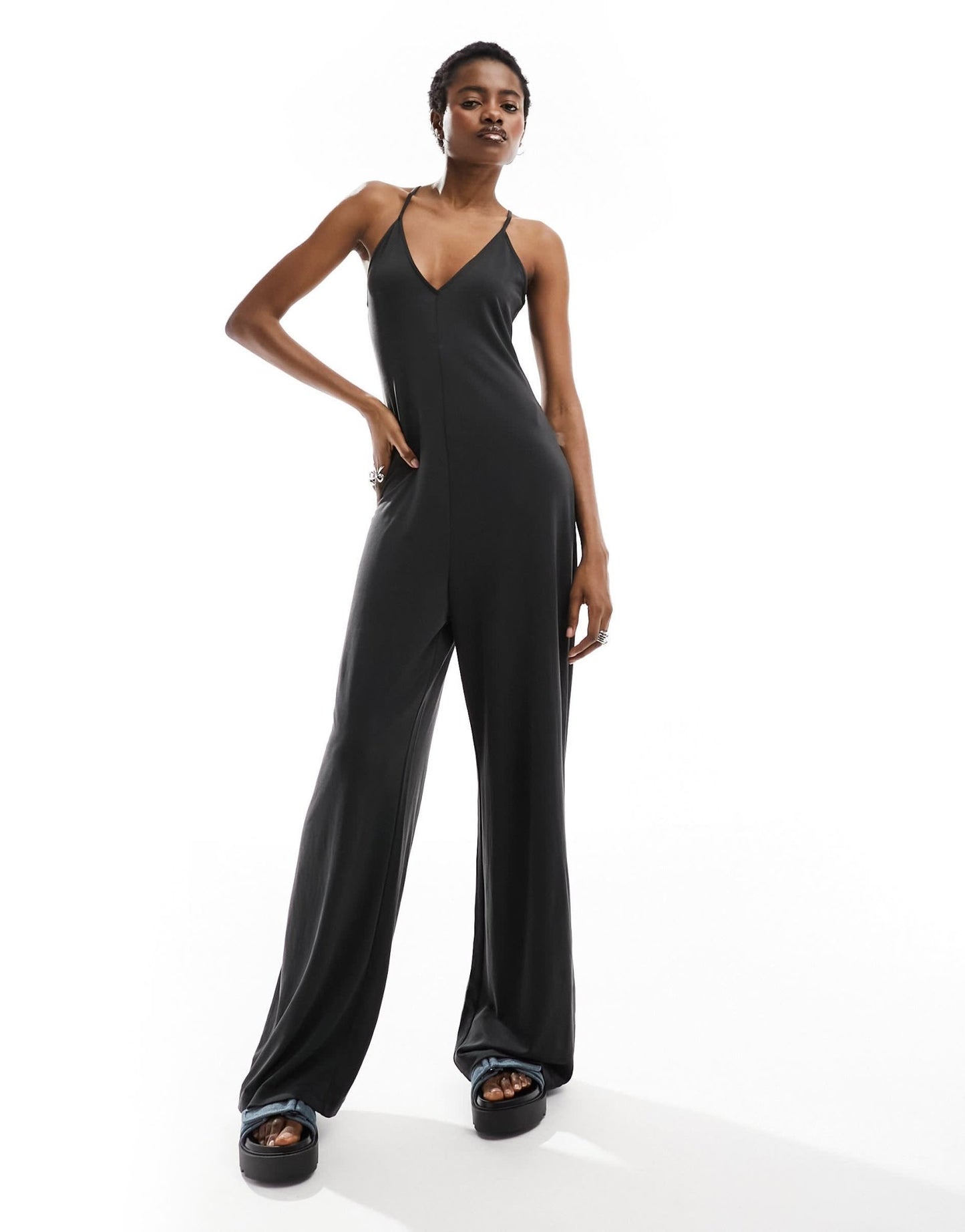 Monki jersey jumpsuit in with cross back straps in black - ASOS Sample Sale