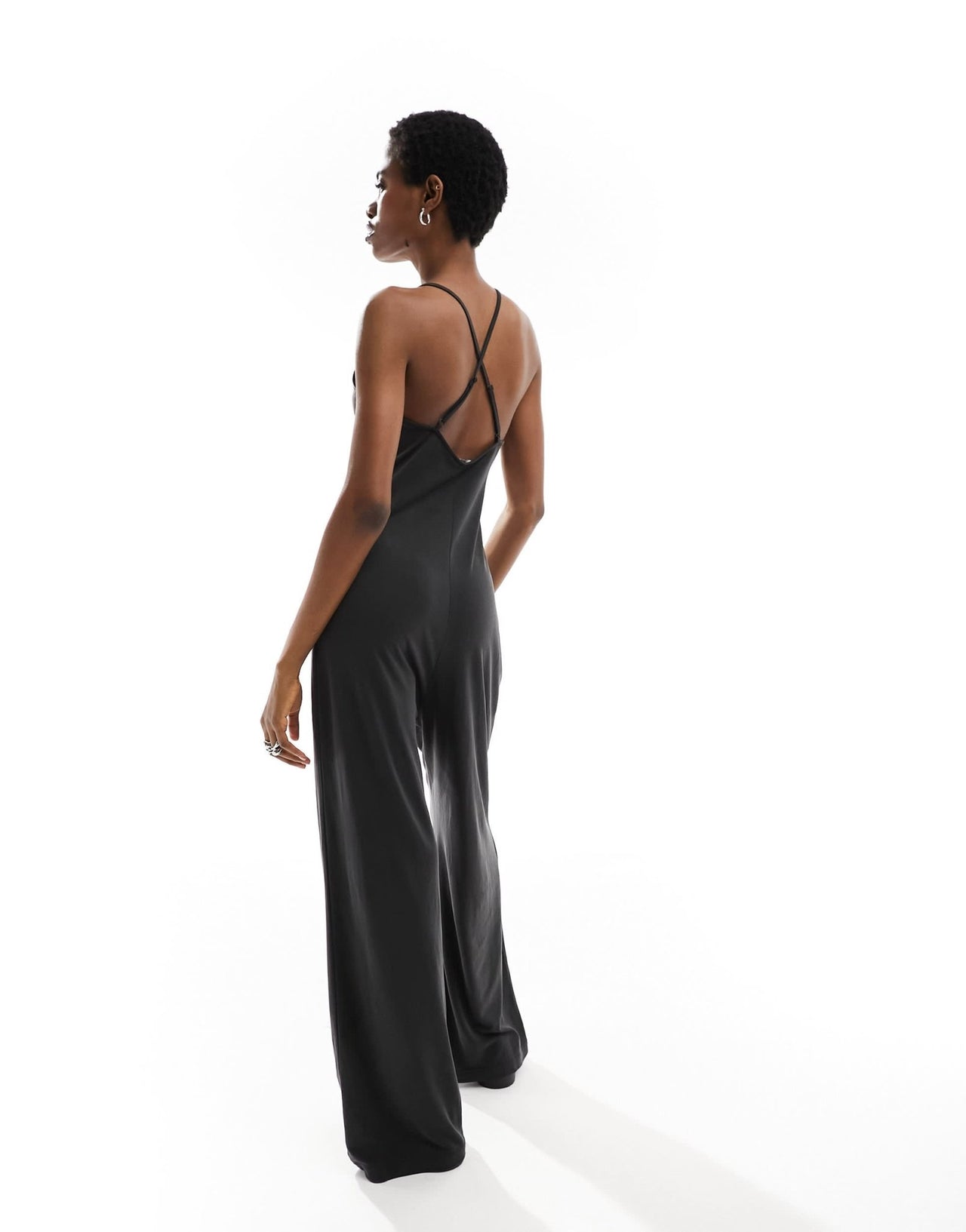 Monki jersey jumpsuit in with cross back straps in black - ASOS Sample Sale