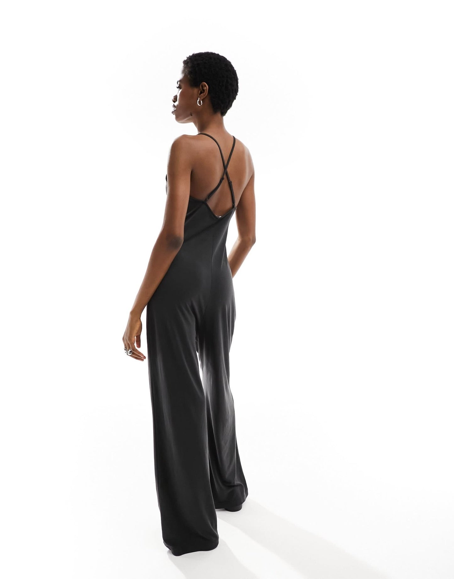 Monki jersey jumpsuit in with cross back straps in black - ASOS Sample Sale
