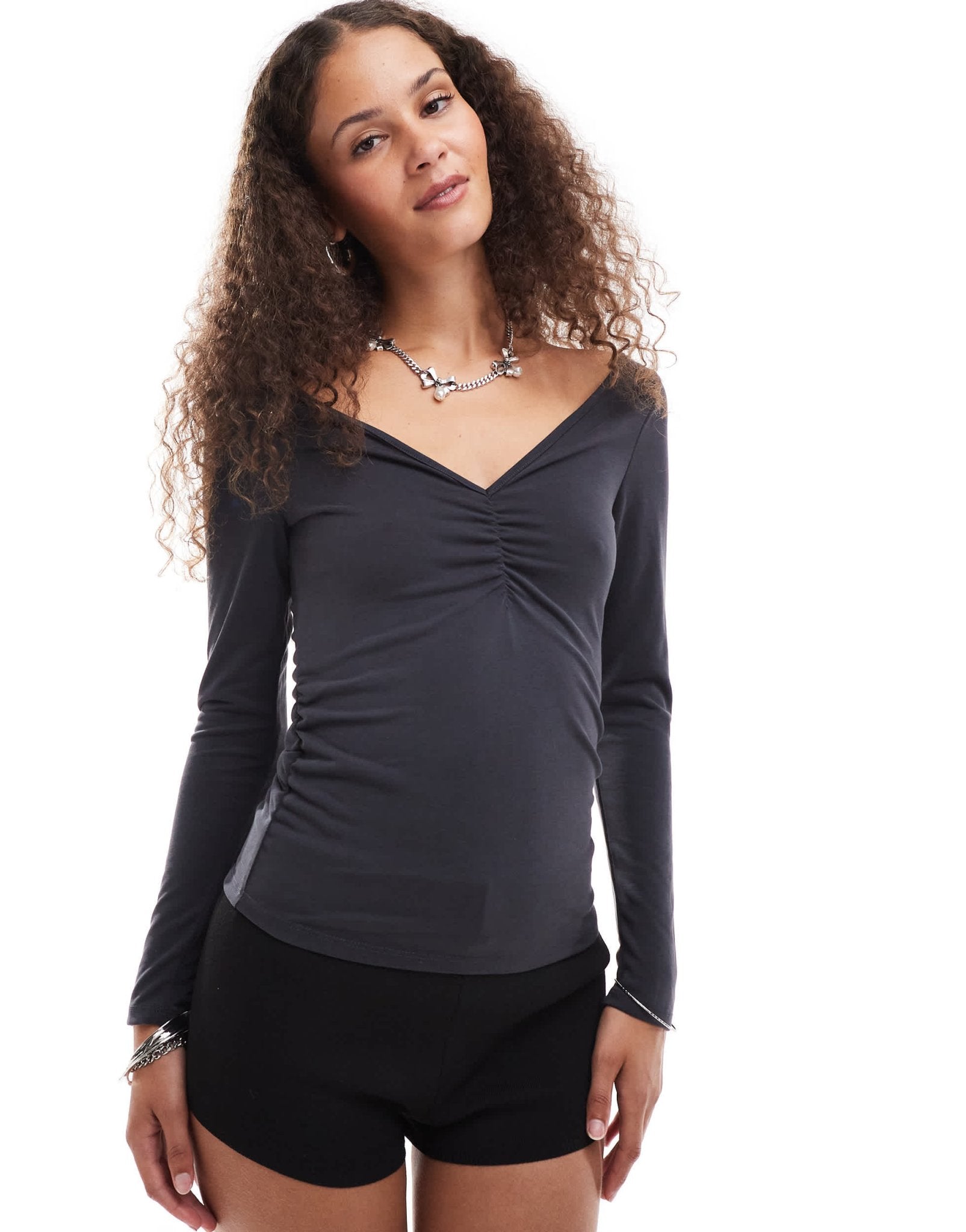 Monki jersey long sleeve top with ruched v front in black - ASOS Sample Sale