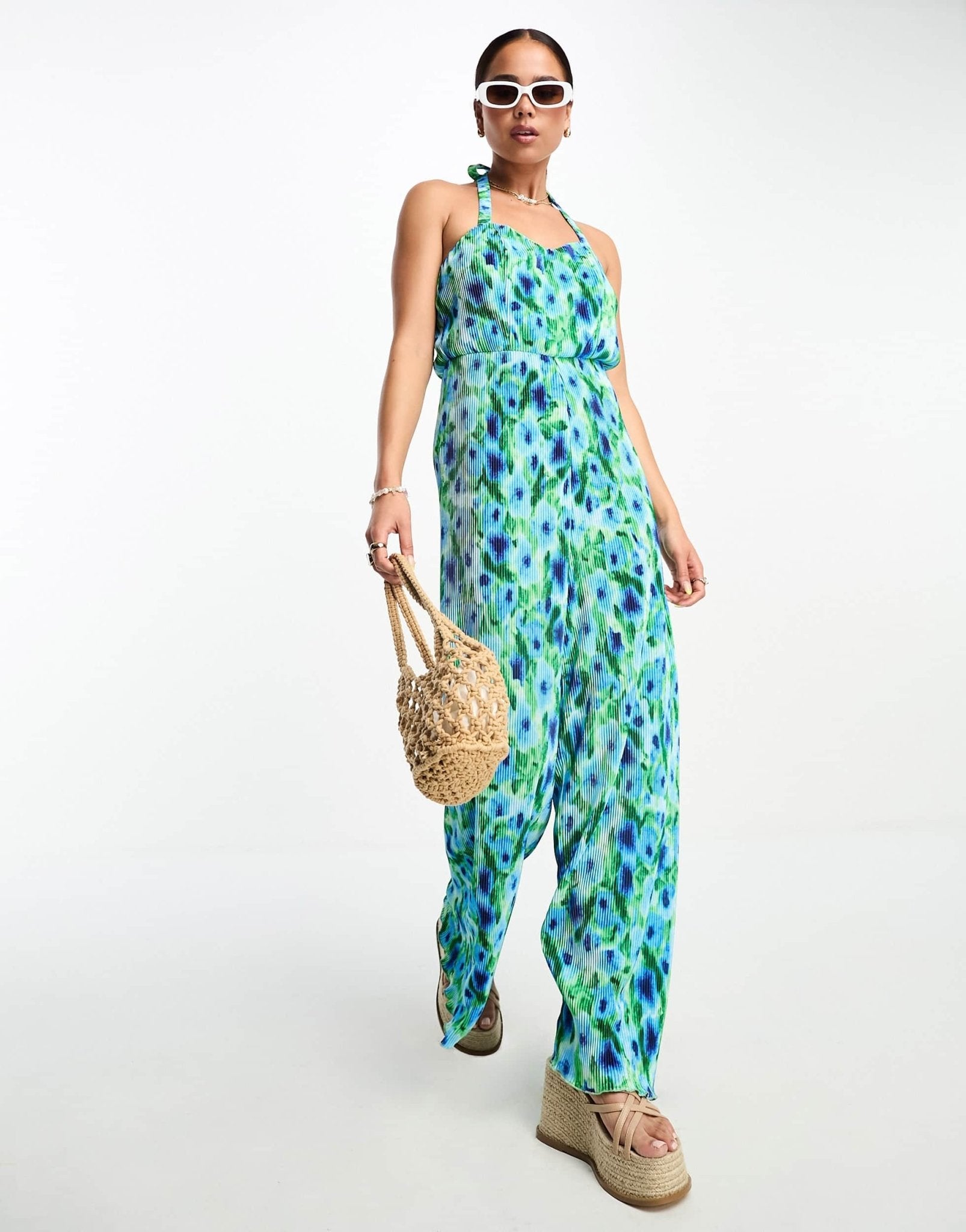 Monki jersey plisse cross back detail jumpsuit in blue and green flower print - ASOS Sample Sale