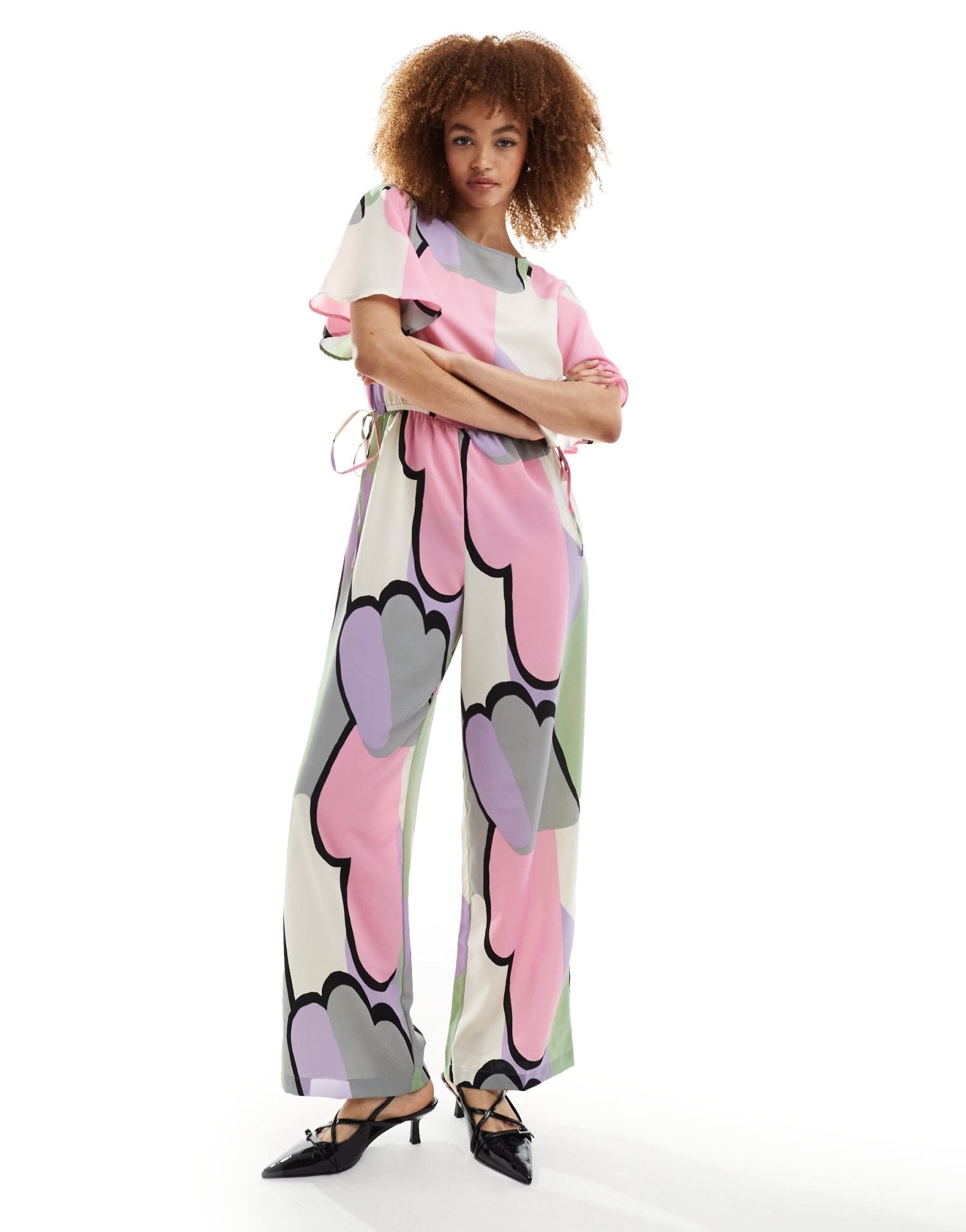 Monki jumpsuit with tie waist detail in multi cloud print - ASOS Sample Sale