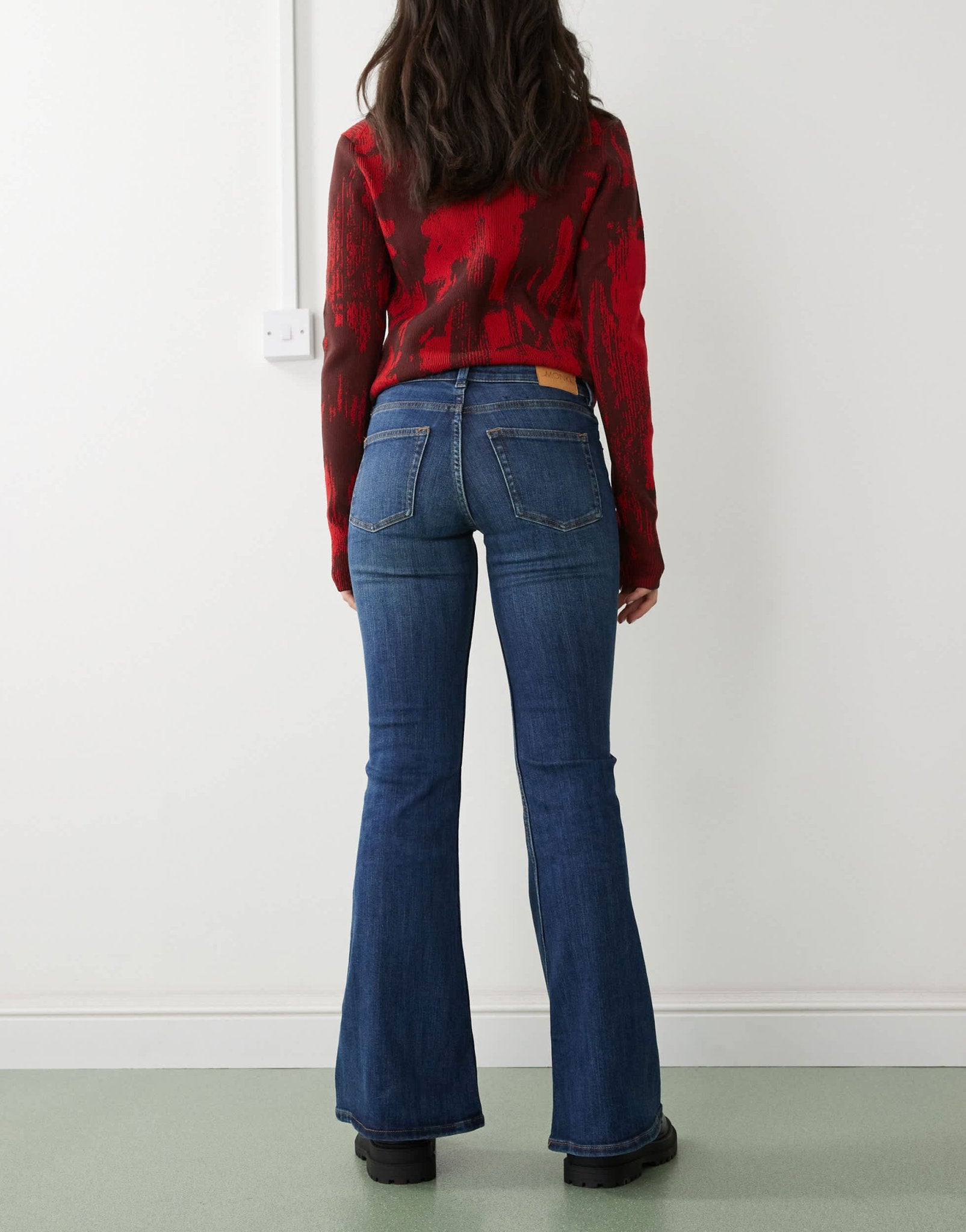 Monki Katsumi low waist boot cut flare jeans in dark ocean blue wash - ASOS Sample Sale