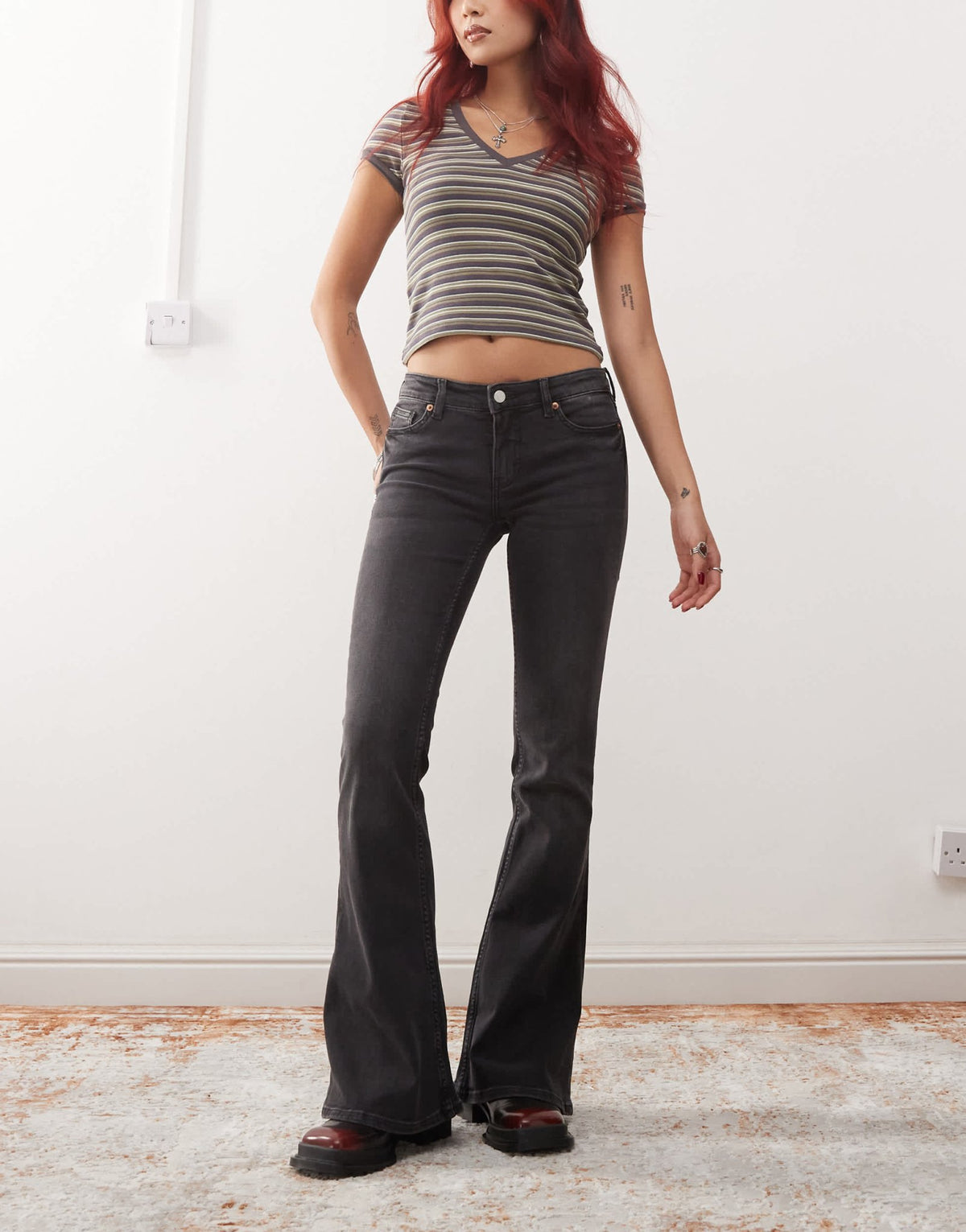 Monki Katsumi low waist boot cut flare jeans in washed black - ASOS Sample Sale
