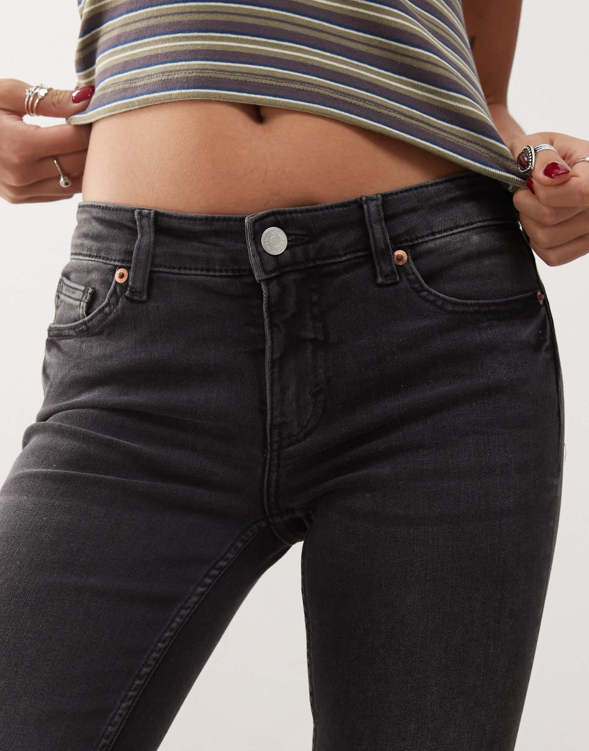Monki Katsumi low waist boot cut flare jeans in washed black - ASOS Sample Sale