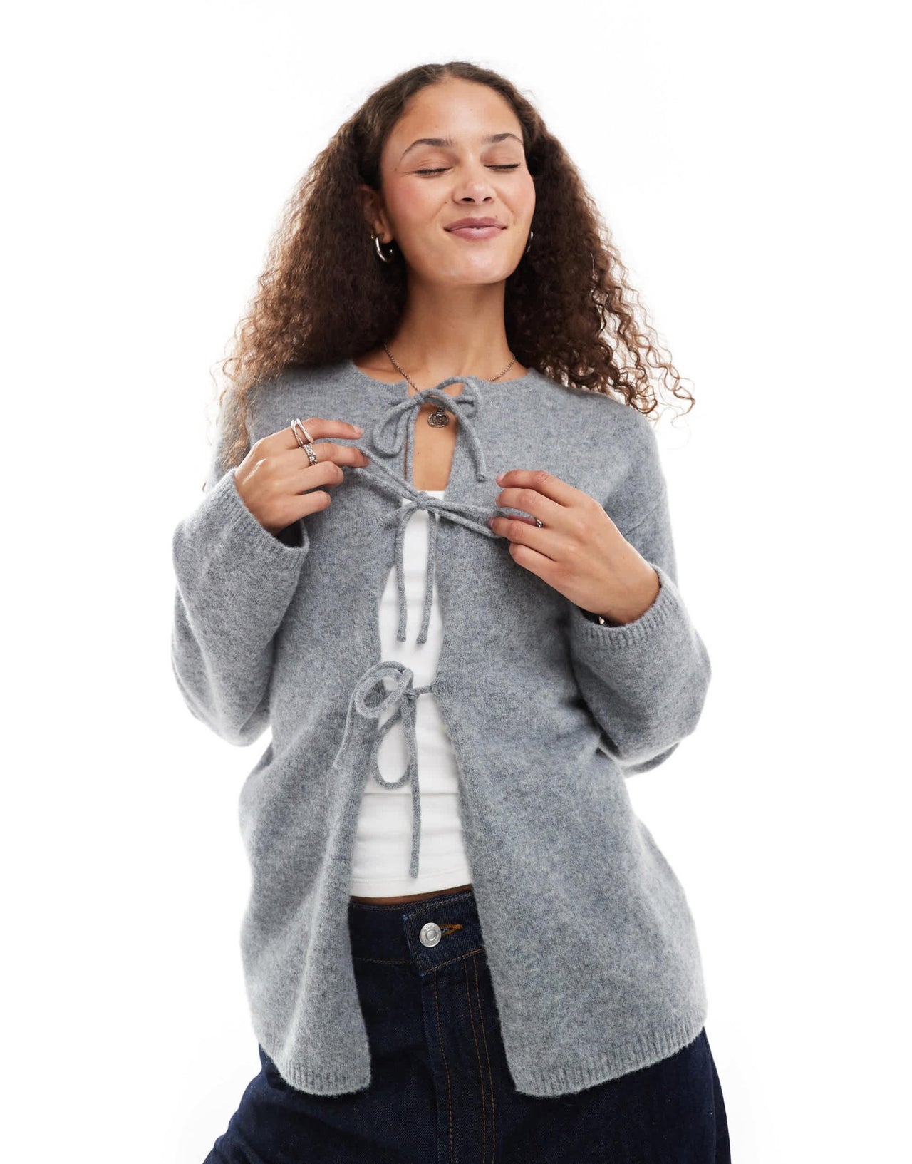 Monki knit bow tie up cardigan in grey melange - ASOS Sample Sale