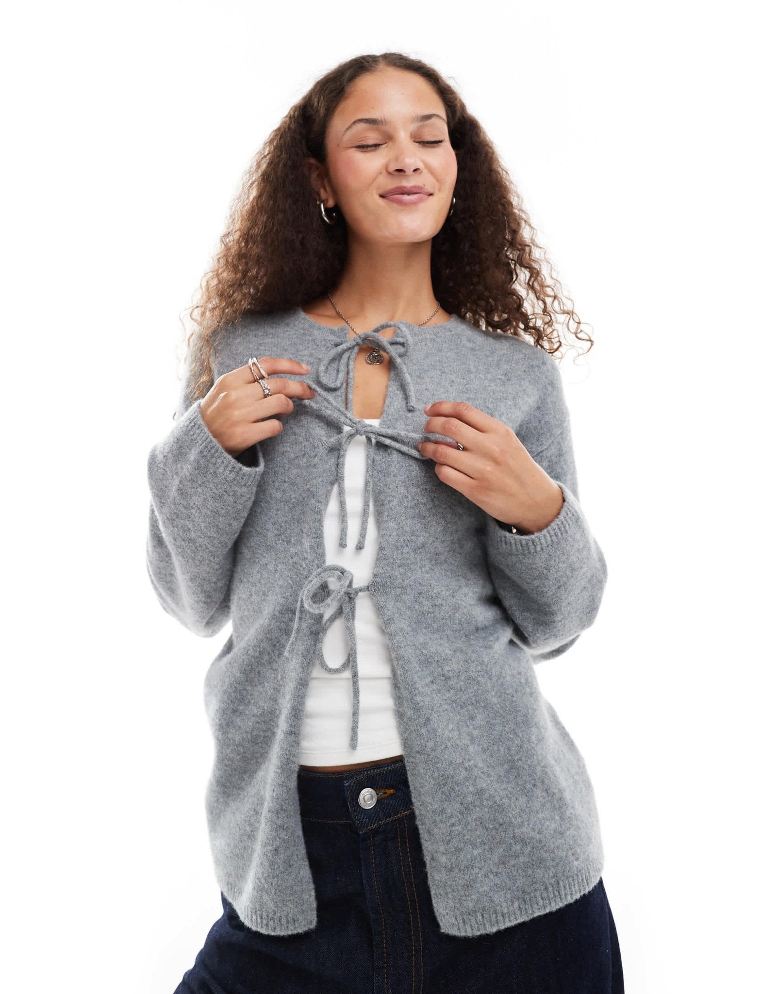 Monki knit bow tie up cardigan in grey melange - ASOS Sample Sale