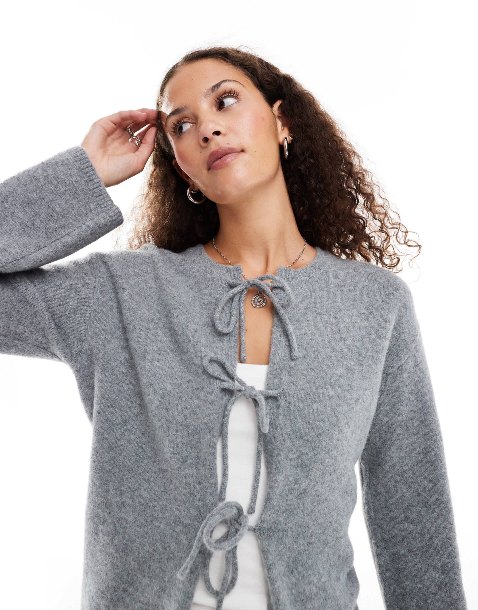 Monki knit bow tie up cardigan in grey melange - ASOS Sample Sale