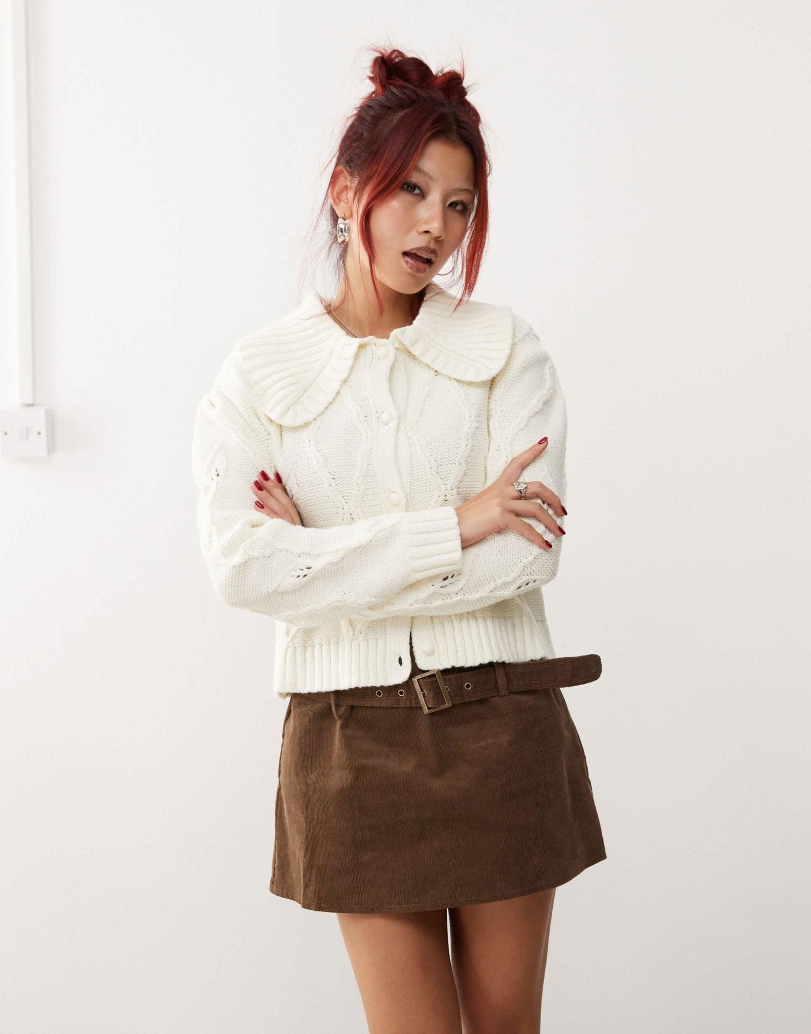 Monki knitted pattern cardigan with collar and puff sleeves in off whi ...