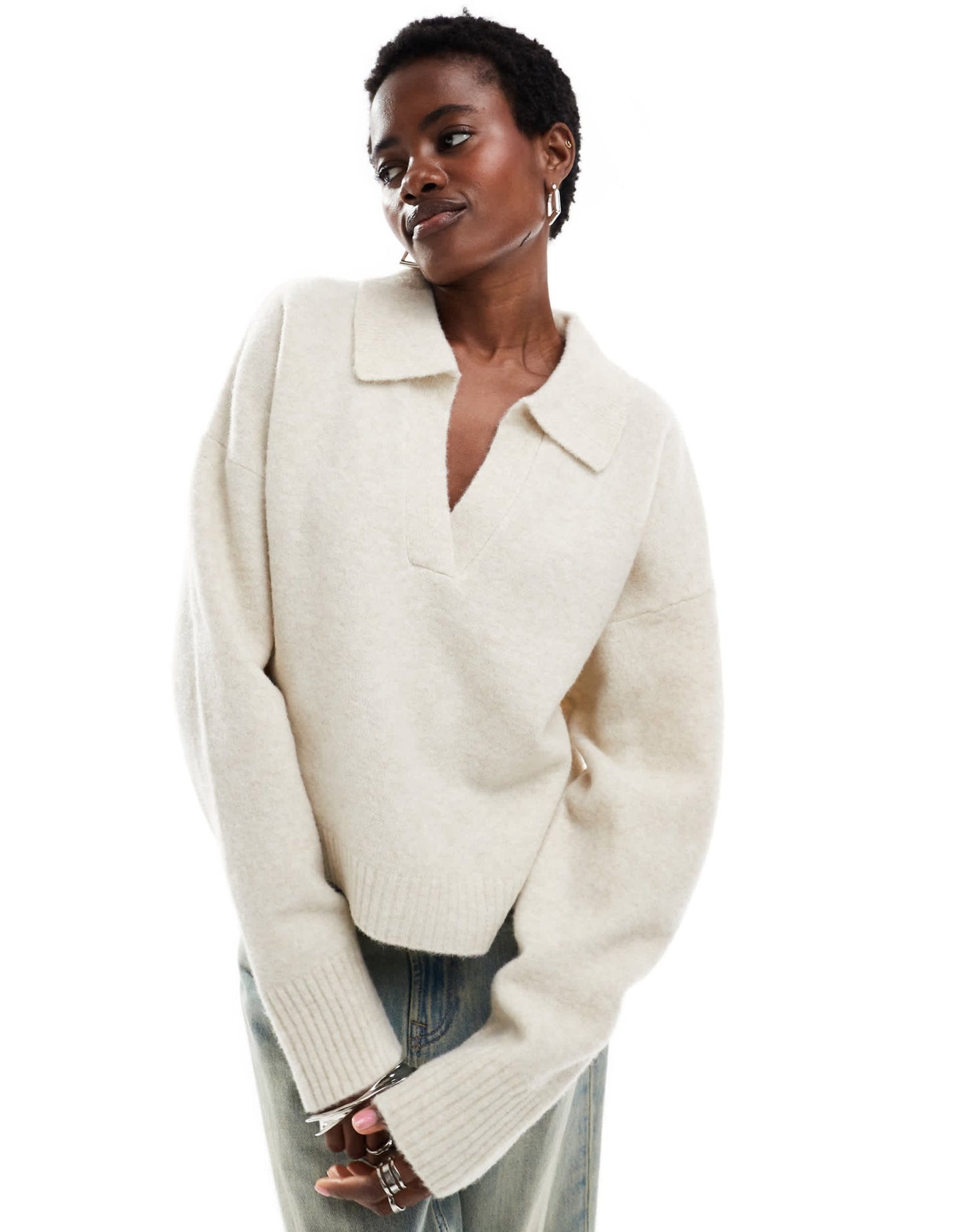 Monki knitted polo jumper in off - white - ASOS Sample Sale
