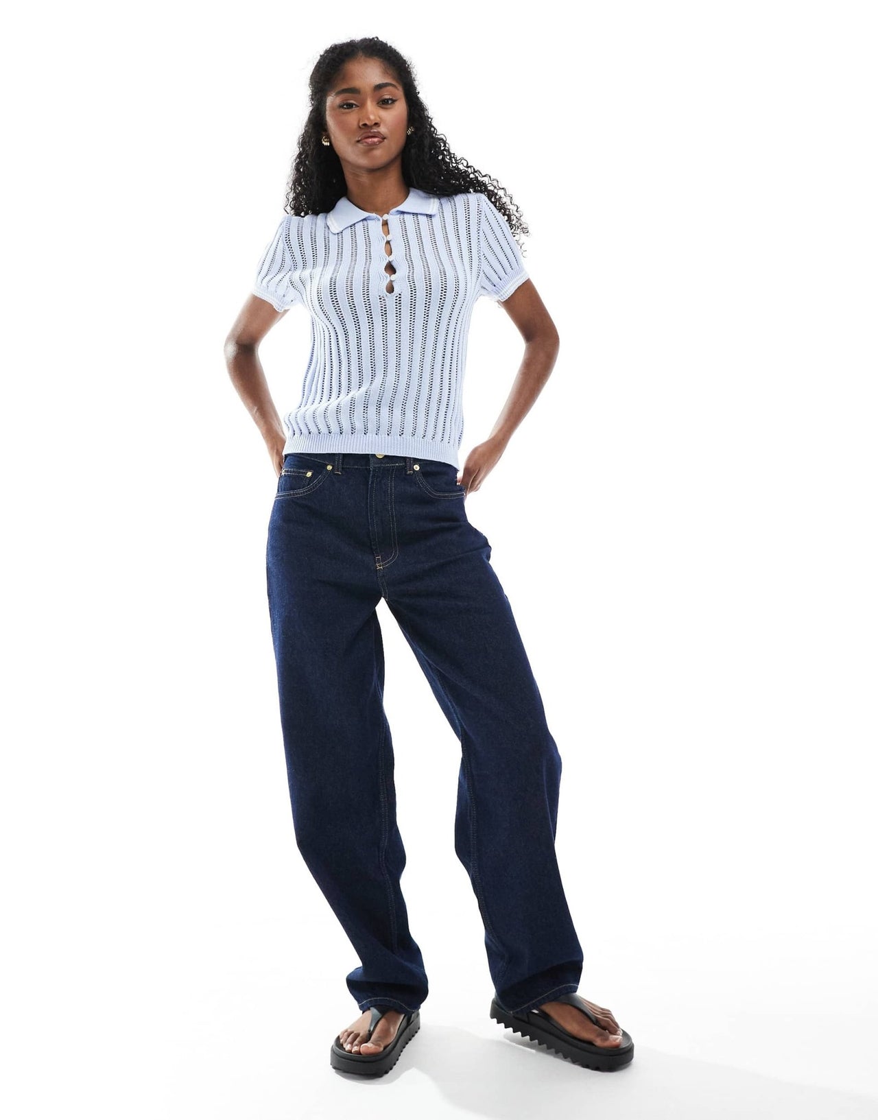 Monki knitted polo top with stitch detail in blue - ASOS Sample Sale