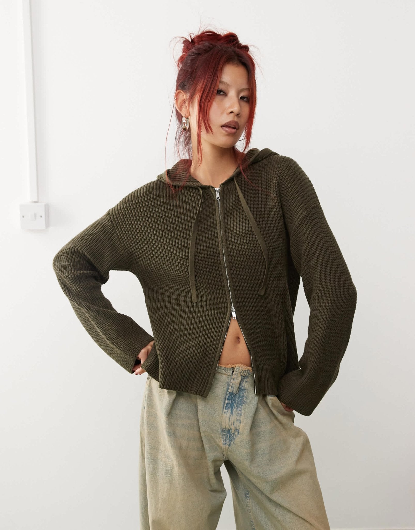Monki knitted rib hoodie zip up cardigan in green - ASOS Sample Sale