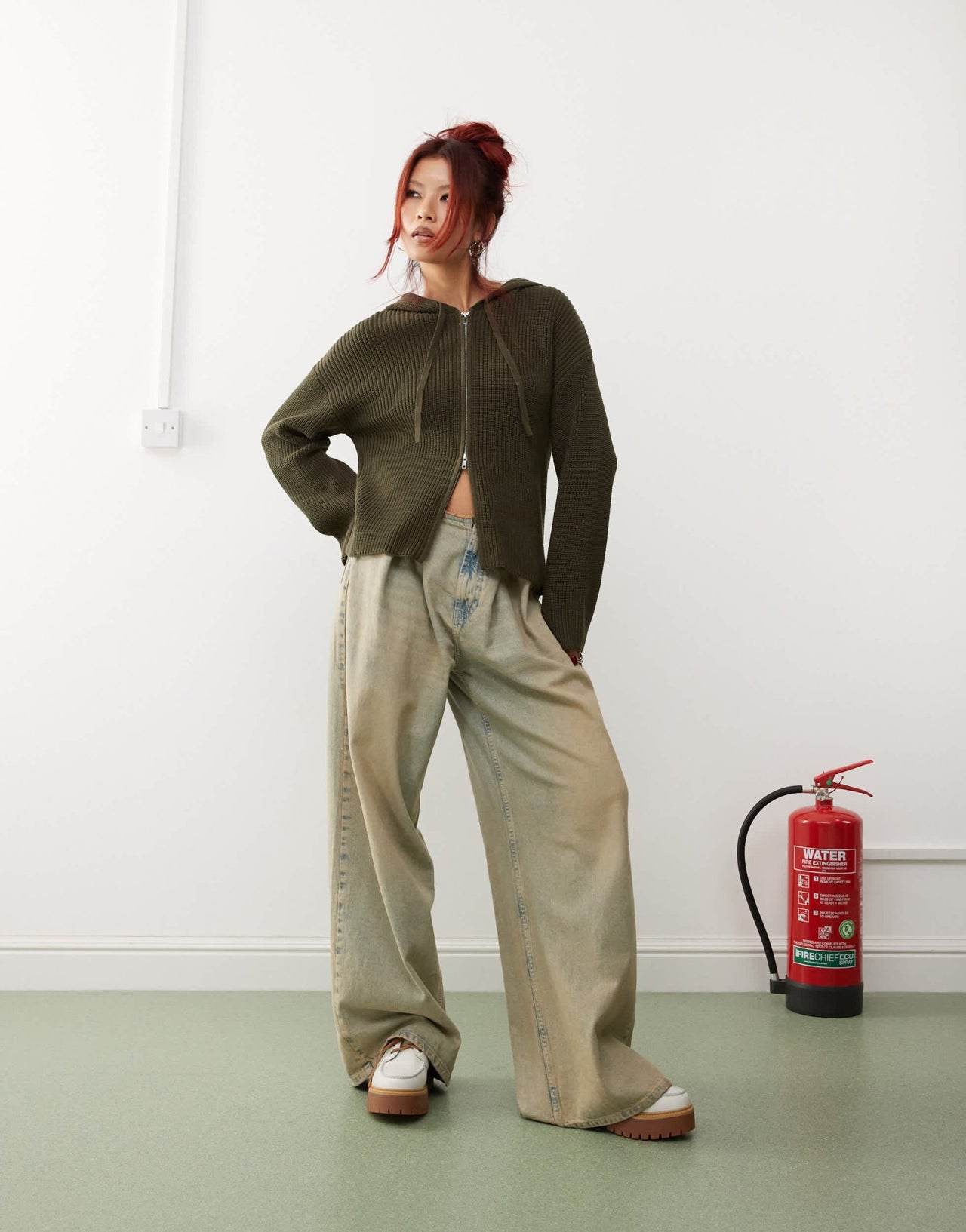 Monki knitted rib hoodie zip up cardigan in green - ASOS Sample Sale