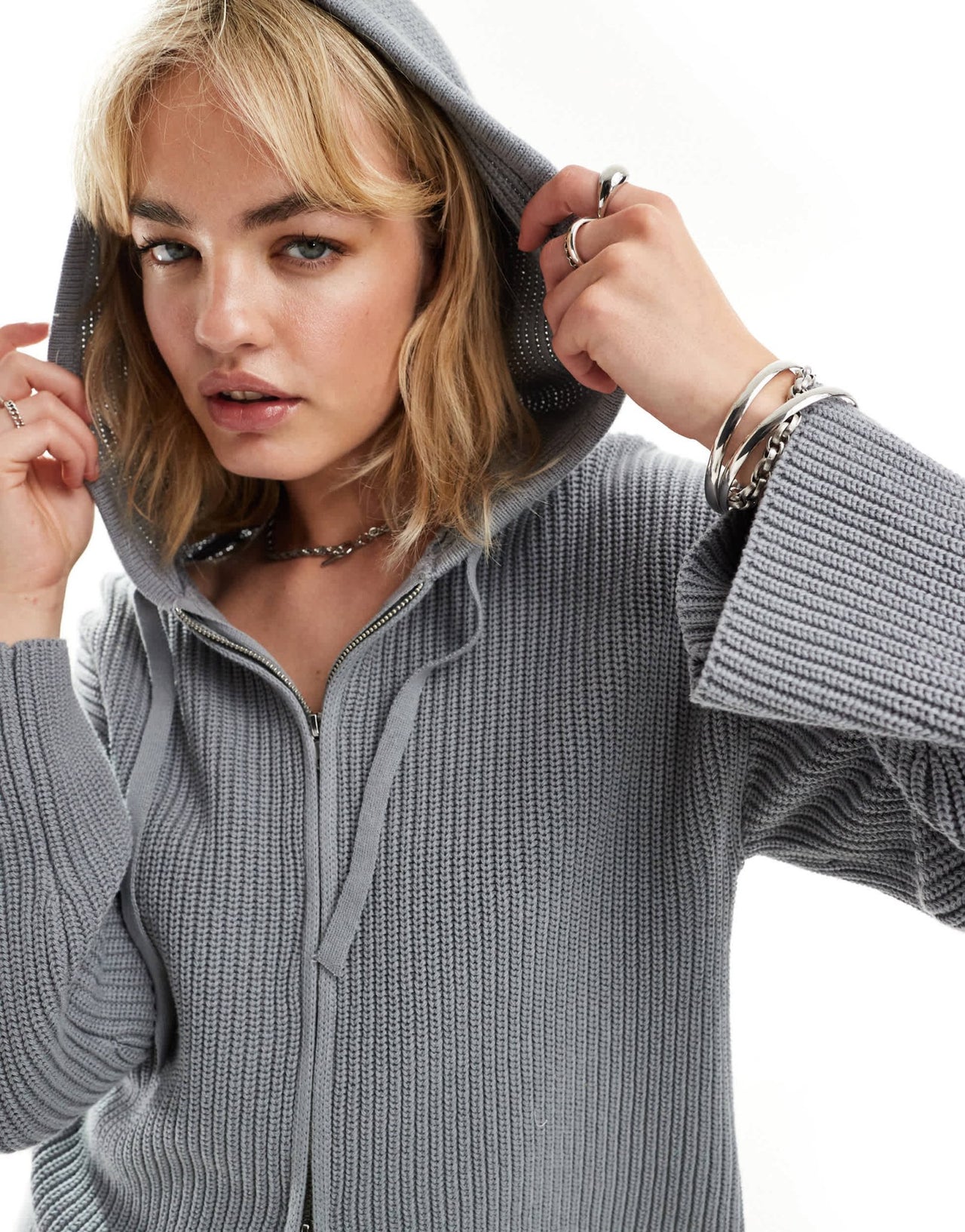Monki knitted rib hoodie zip up cardigan in grey melange - ASOS Sample Sale
