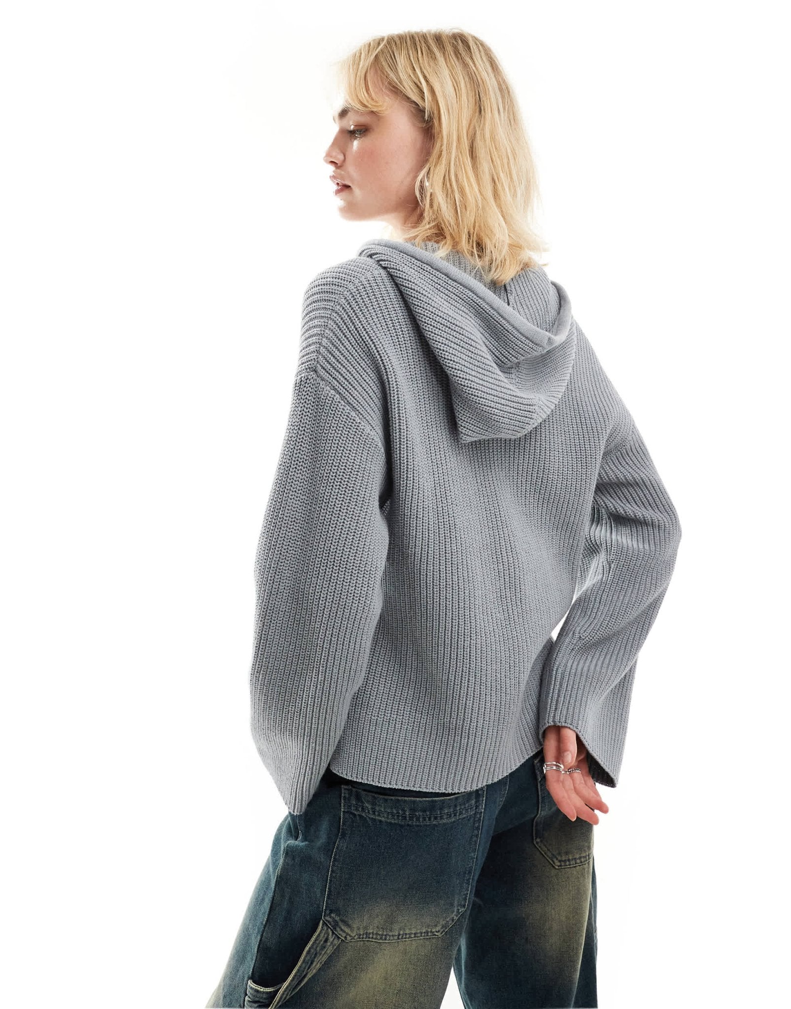 Monki knitted rib hoodie zip up cardigan in grey melange - ASOS Sample Sale