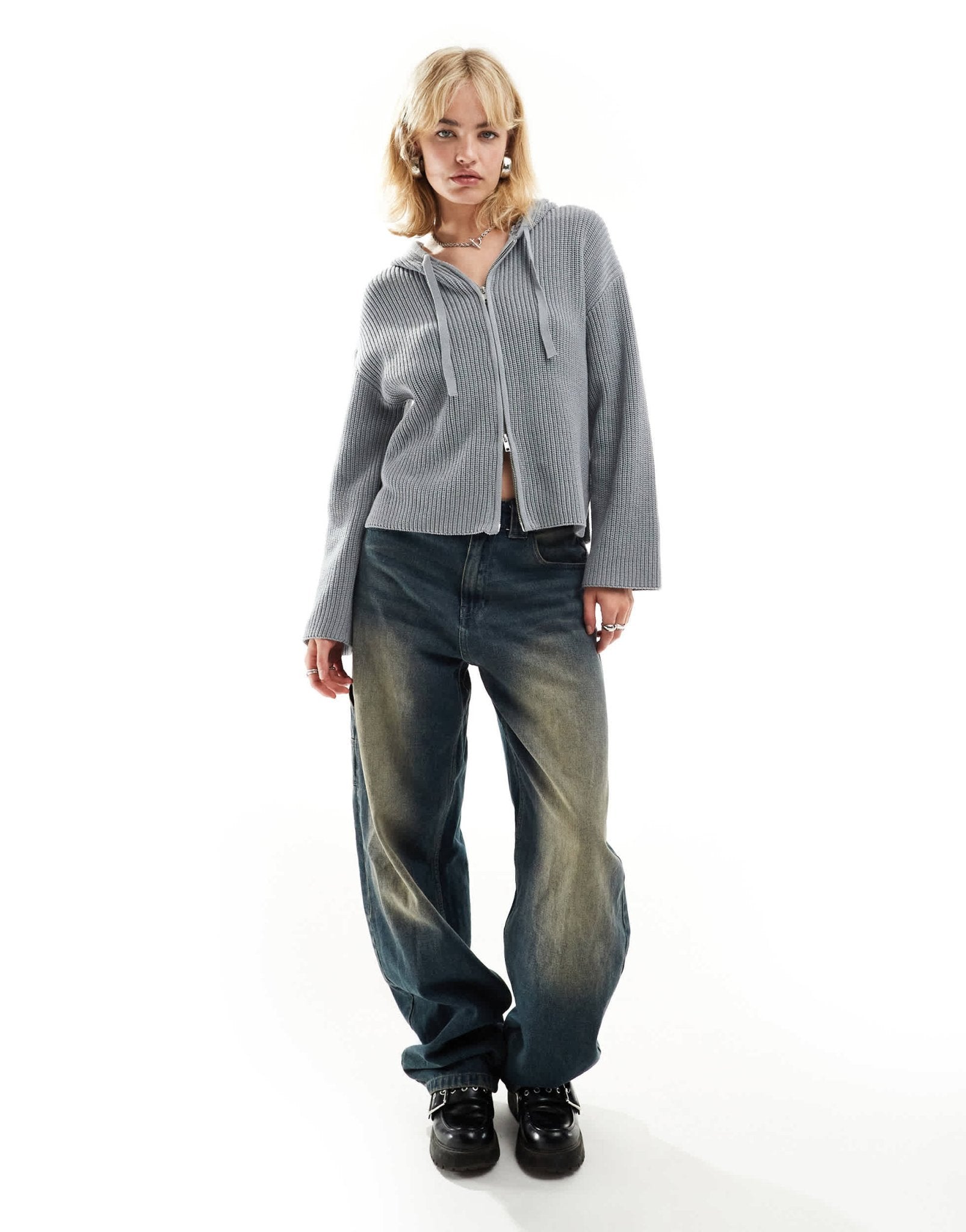 Monki knitted rib hoodie zip up cardigan in grey melange - ASOS Sample Sale