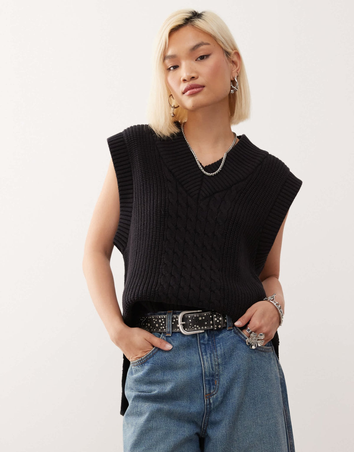 Monki knitted varsity jumper vest in black - ASOS Sample Sale