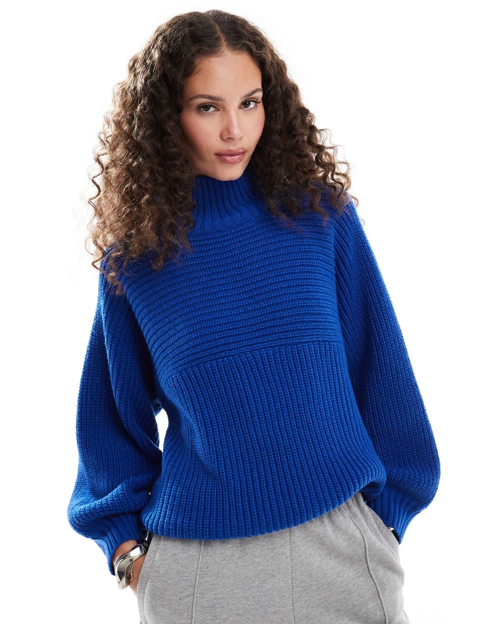 Monki Libby high neck knitted rib jumper in blue - ASOS Sample Sale