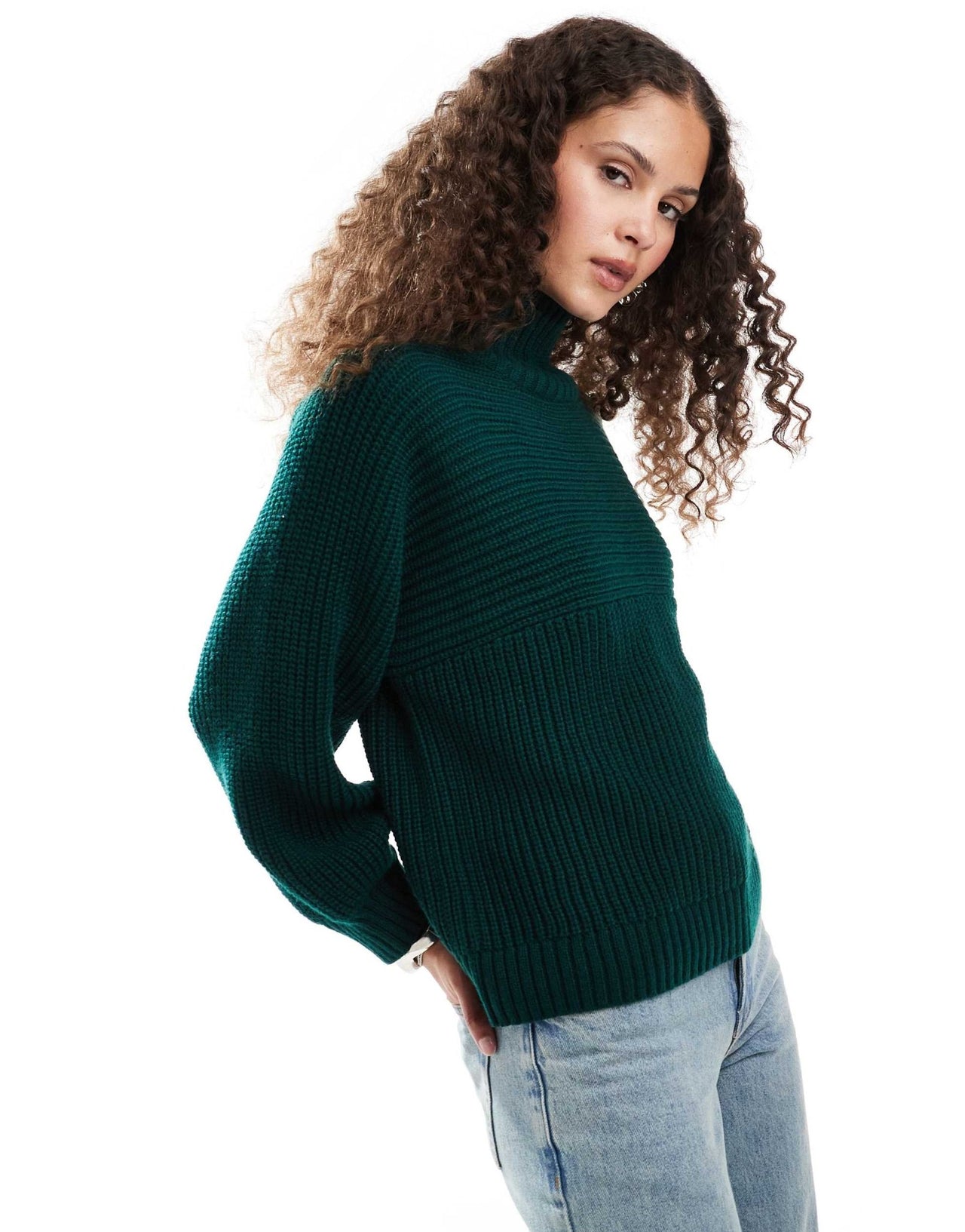 Monki Libby high neck knitted rib jumper in forest green - ASOS Sample Sale