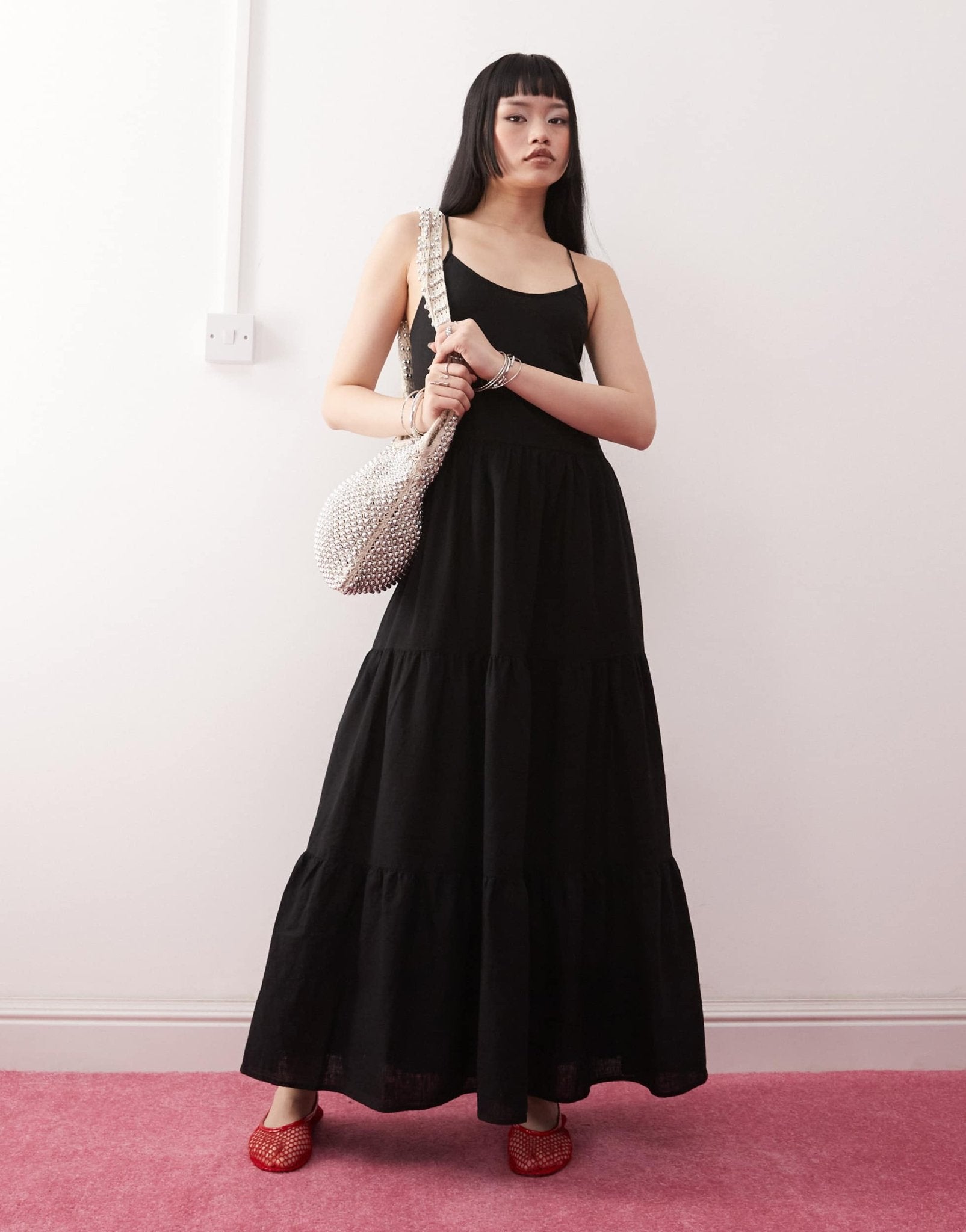 Monki linen tiered midaxi dress in black exclusive to ASOS - ASOS Sample Sale
