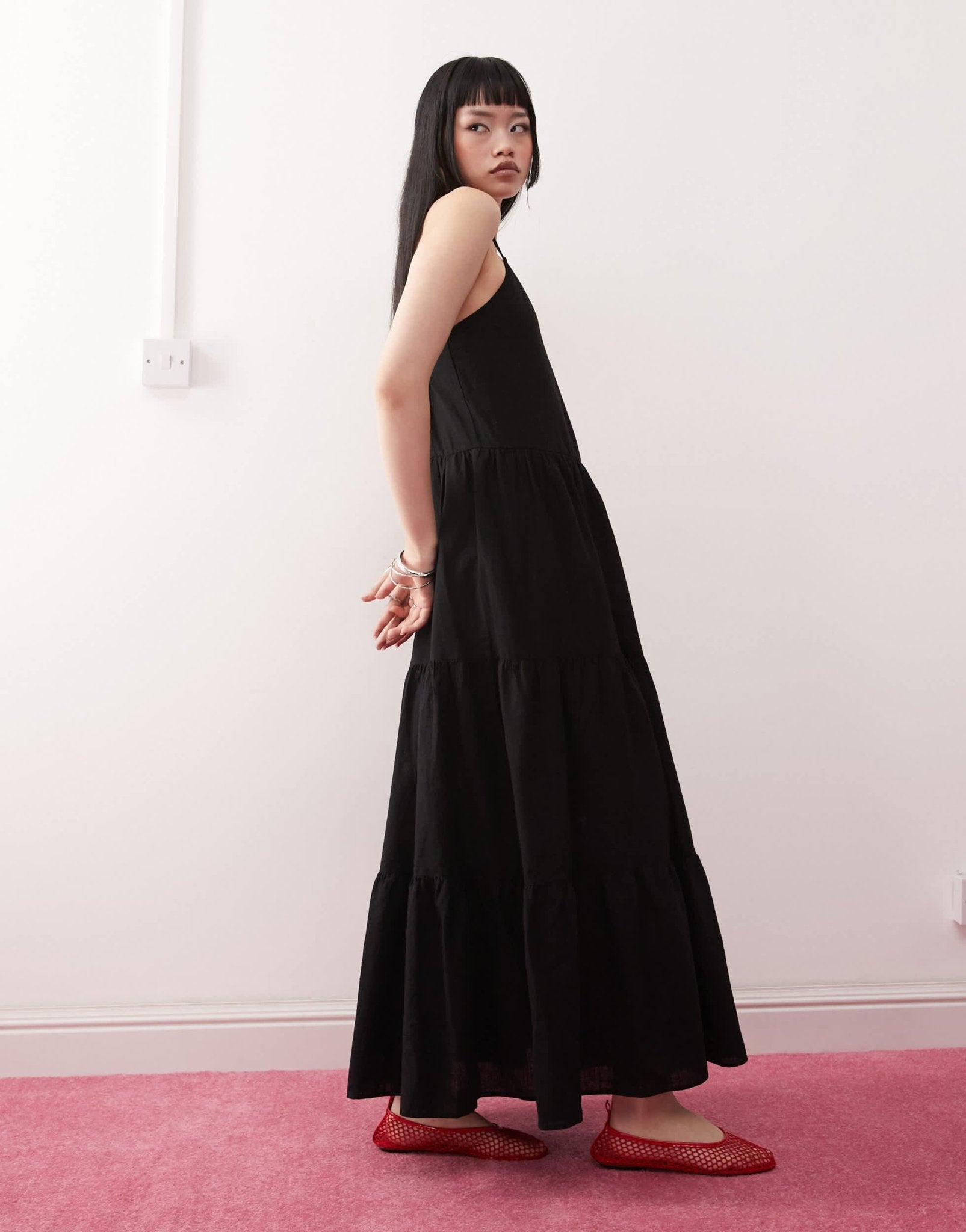 Monki linen tiered midaxi dress in black exclusive to ASOS - ASOS Sample Sale