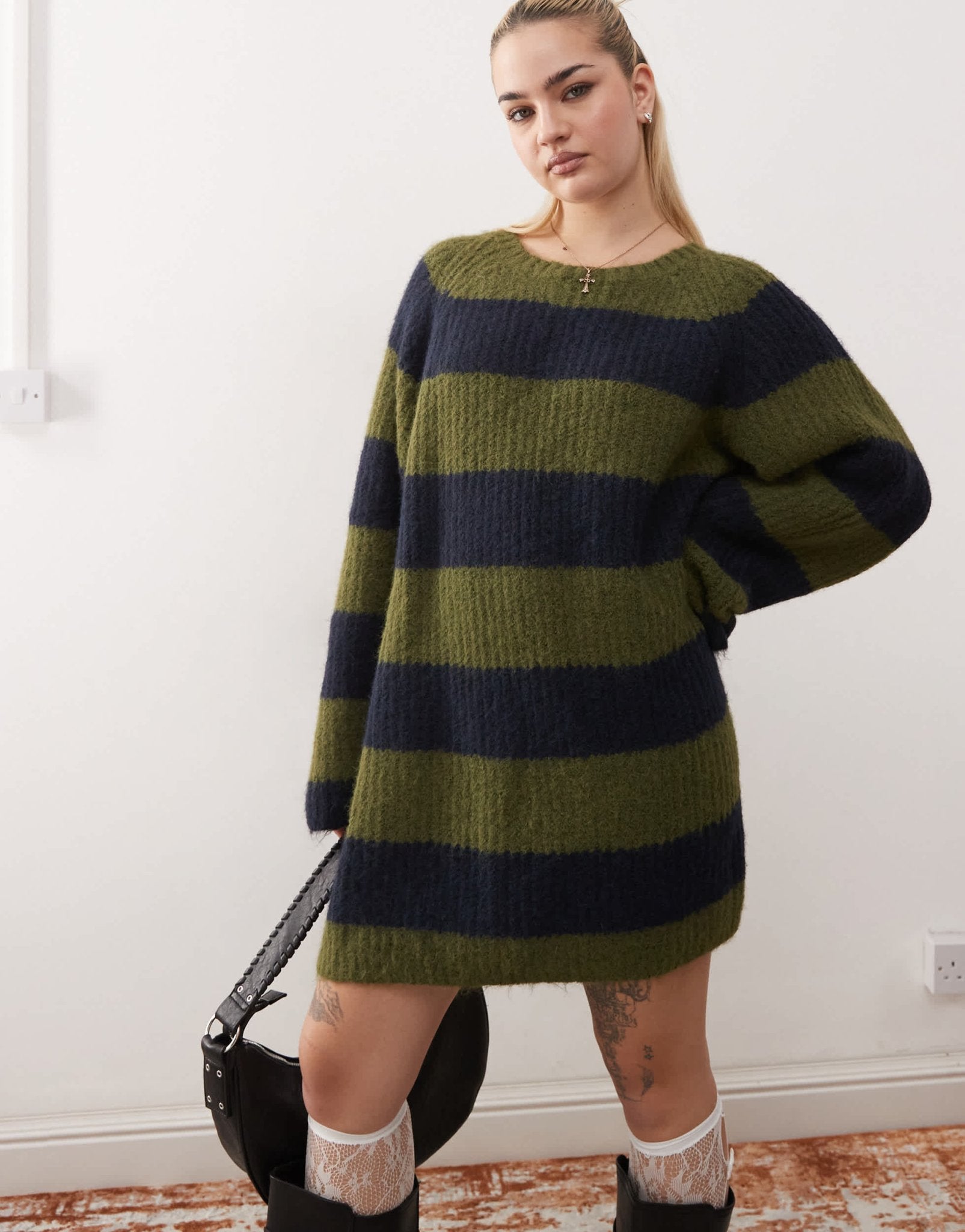 Monki long sleeve crew neck mini knitted dress in khaki and navy stripe - ASOS Sample Sale