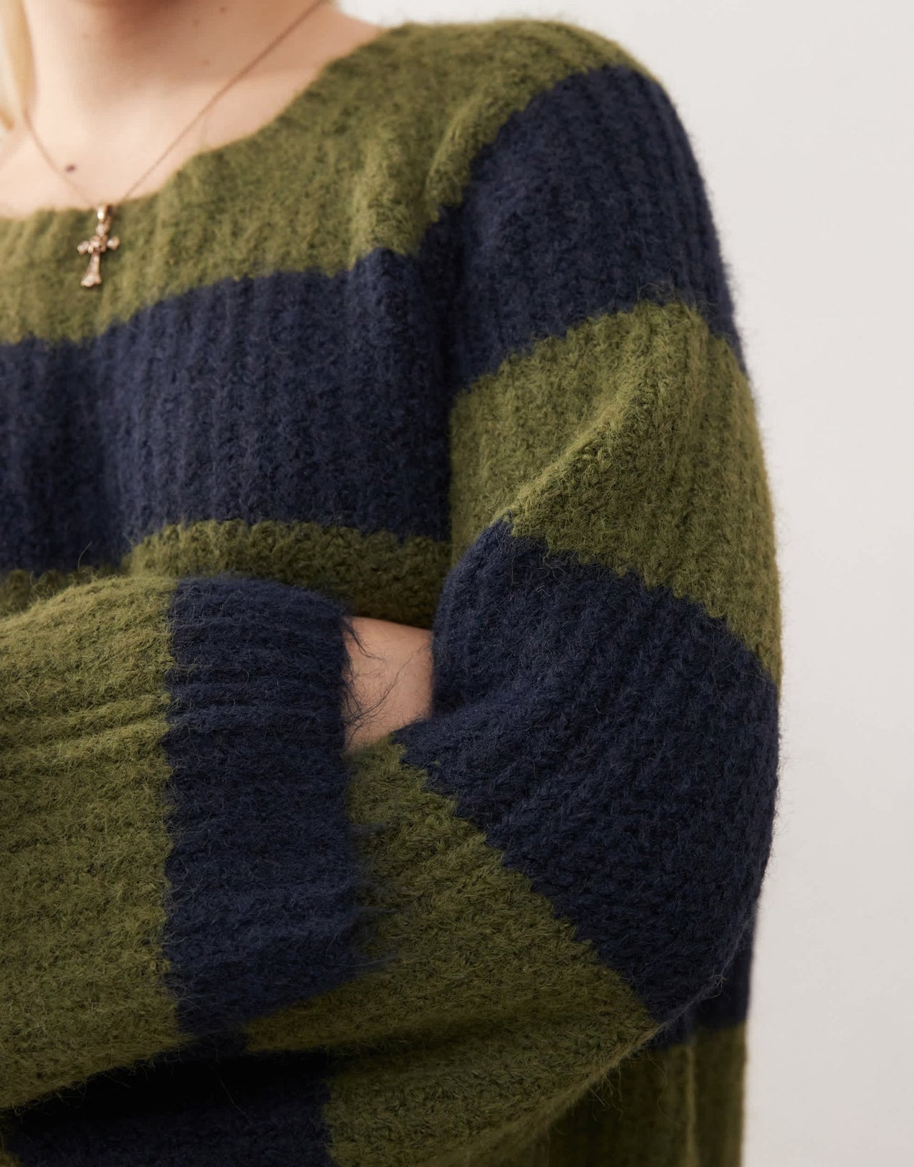 Monki long sleeve crew neck mini knitted dress in khaki and navy stripe - ASOS Sample Sale