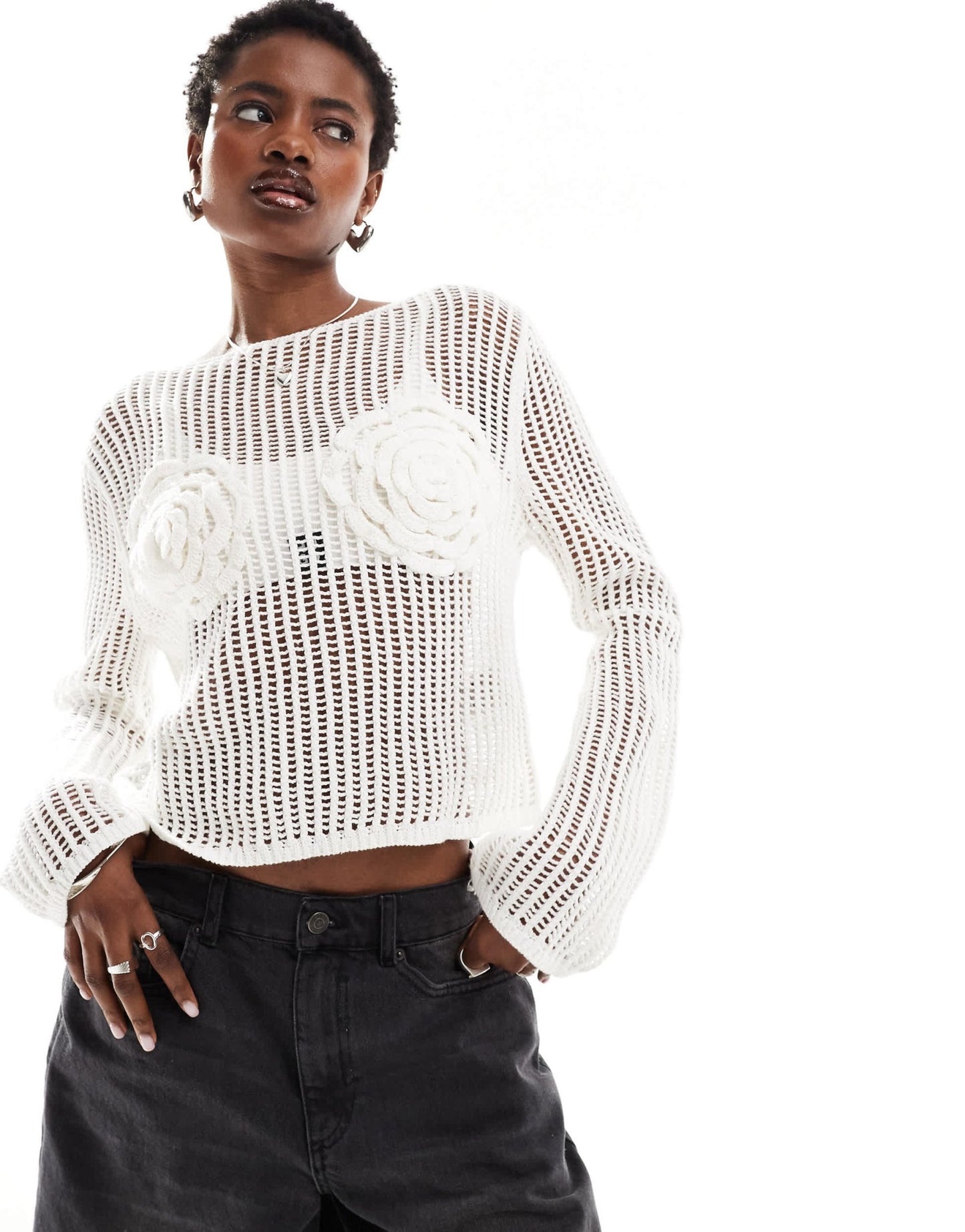 Monki long sleeve crochet top with rose detail in white - ASOS Sample Sale
