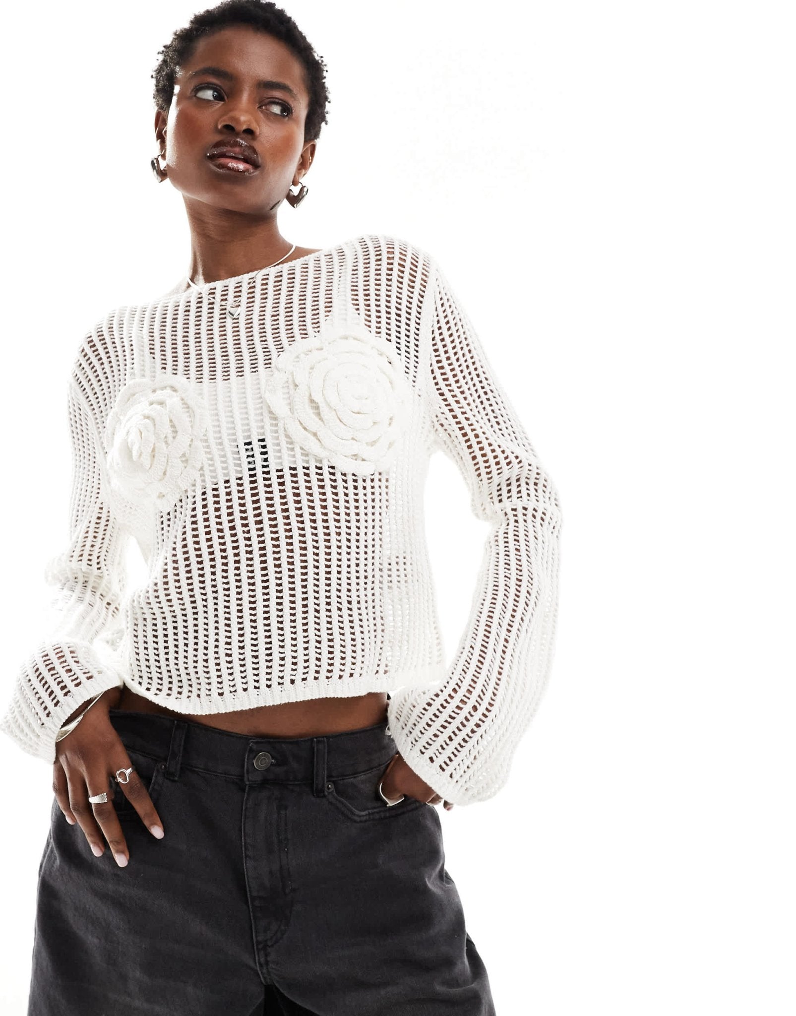 Monki long sleeve crochet top with rose detail in white - ASOS Sample Sale