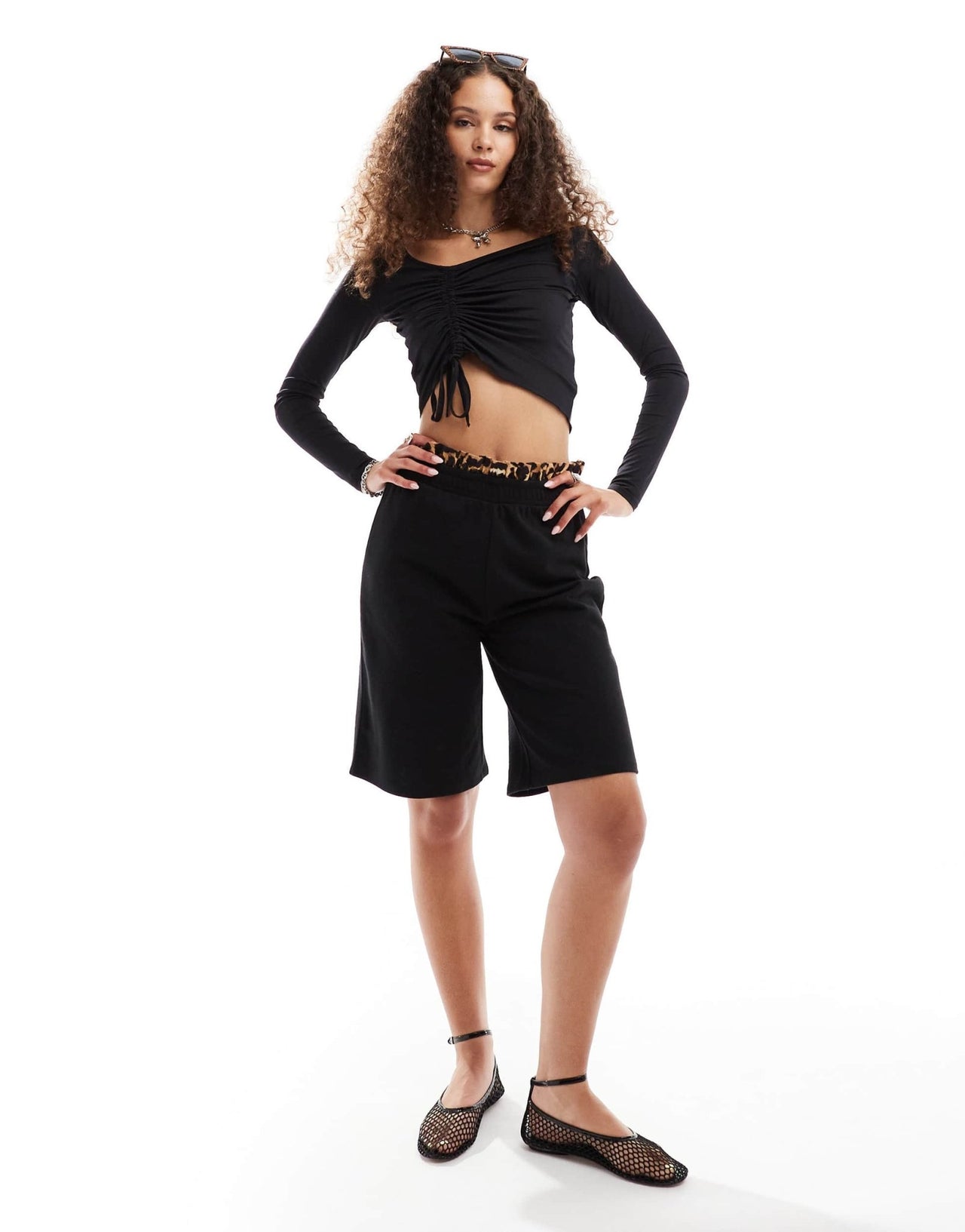 Monki long sleeve cropped ruched asymmetric top in black - ASOS Sample Sale