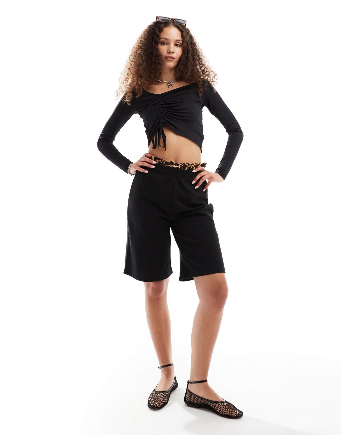 Monki long sleeve cropped ruched asymmetric top in black - ASOS Sample Sale