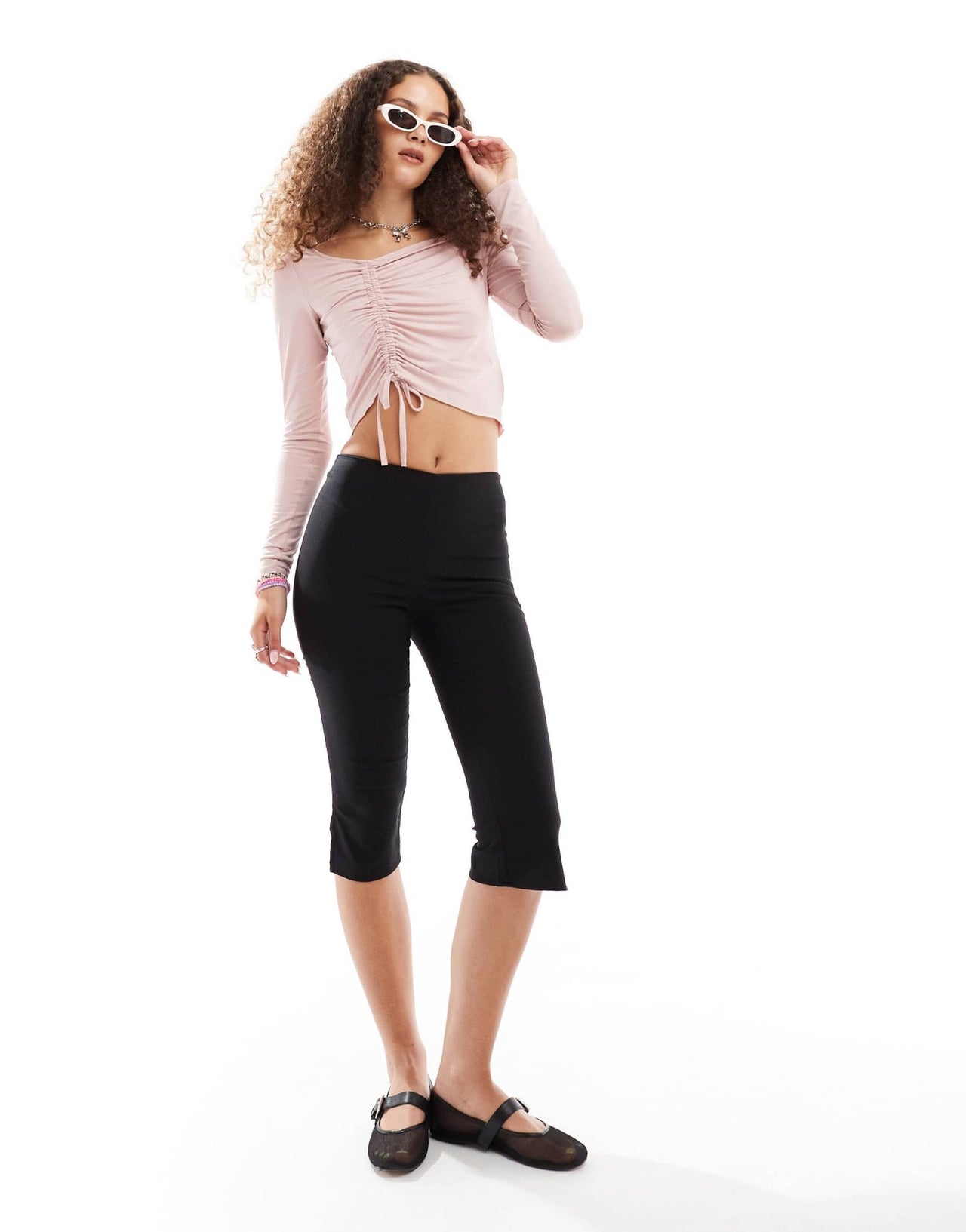 Monki long sleeve cropped ruched asymmetric top in pink - ASOS Sample Sale