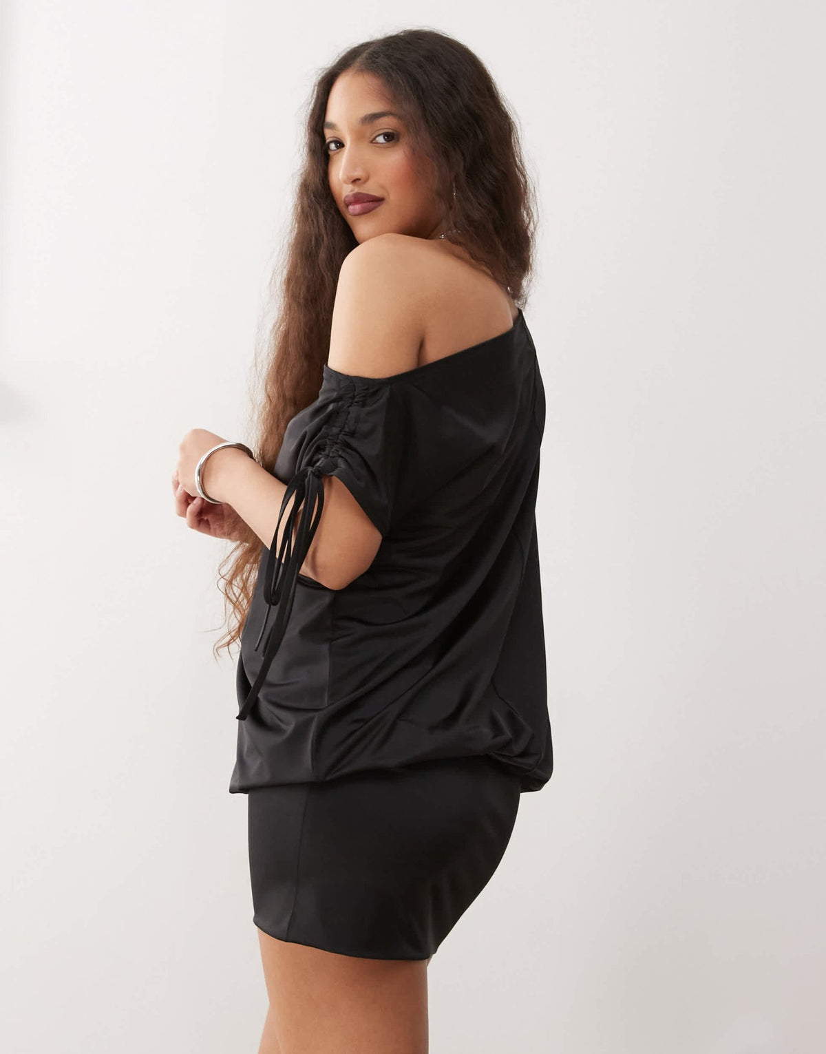 Monki long sleeve draped mini dress in black - ASOS Sample Sale
