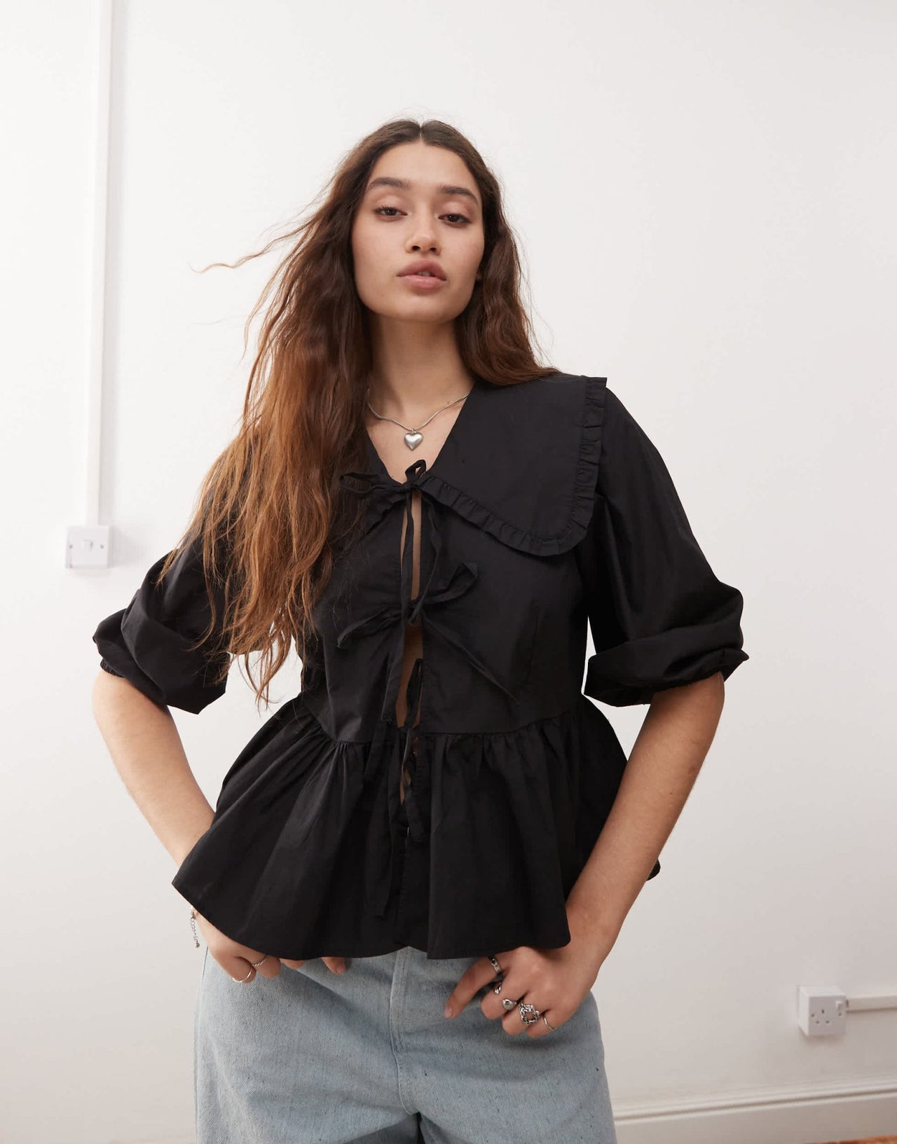 Monki long sleeve frill collared peplum blouse in black - ASOS Sample Sale