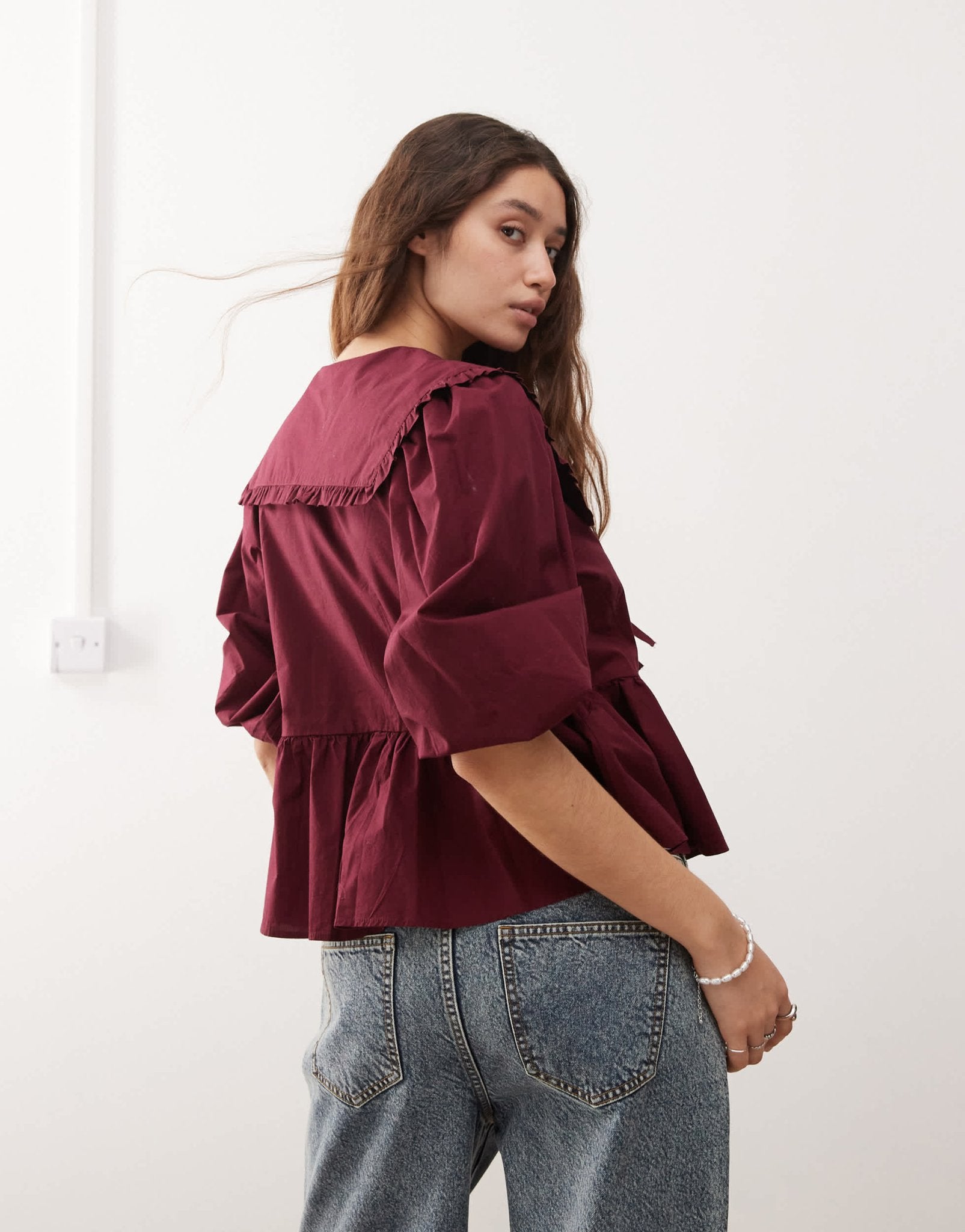 Monki long sleeve frill collared peplum blouse in burgundy - ASOS Sample Sale