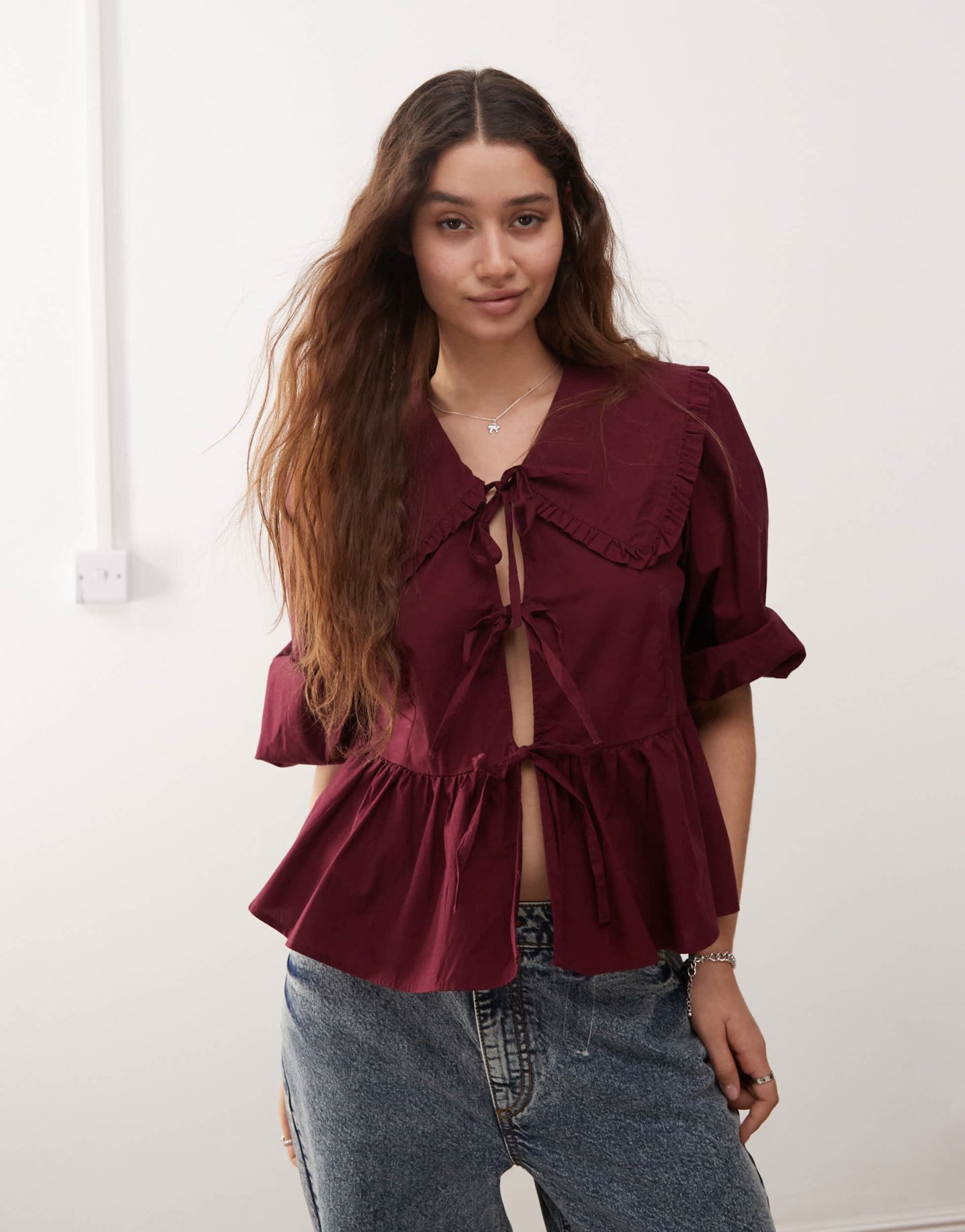 Monki long sleeve frill collared peplum blouse in burgundy - ASOS Sample Sale