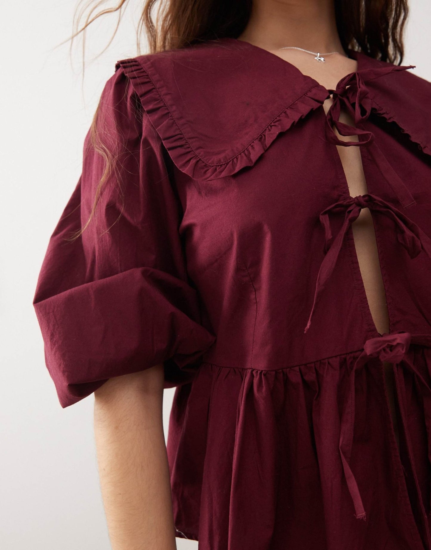 Monki long sleeve frill collared peplum blouse in burgundy - ASOS Sample Sale