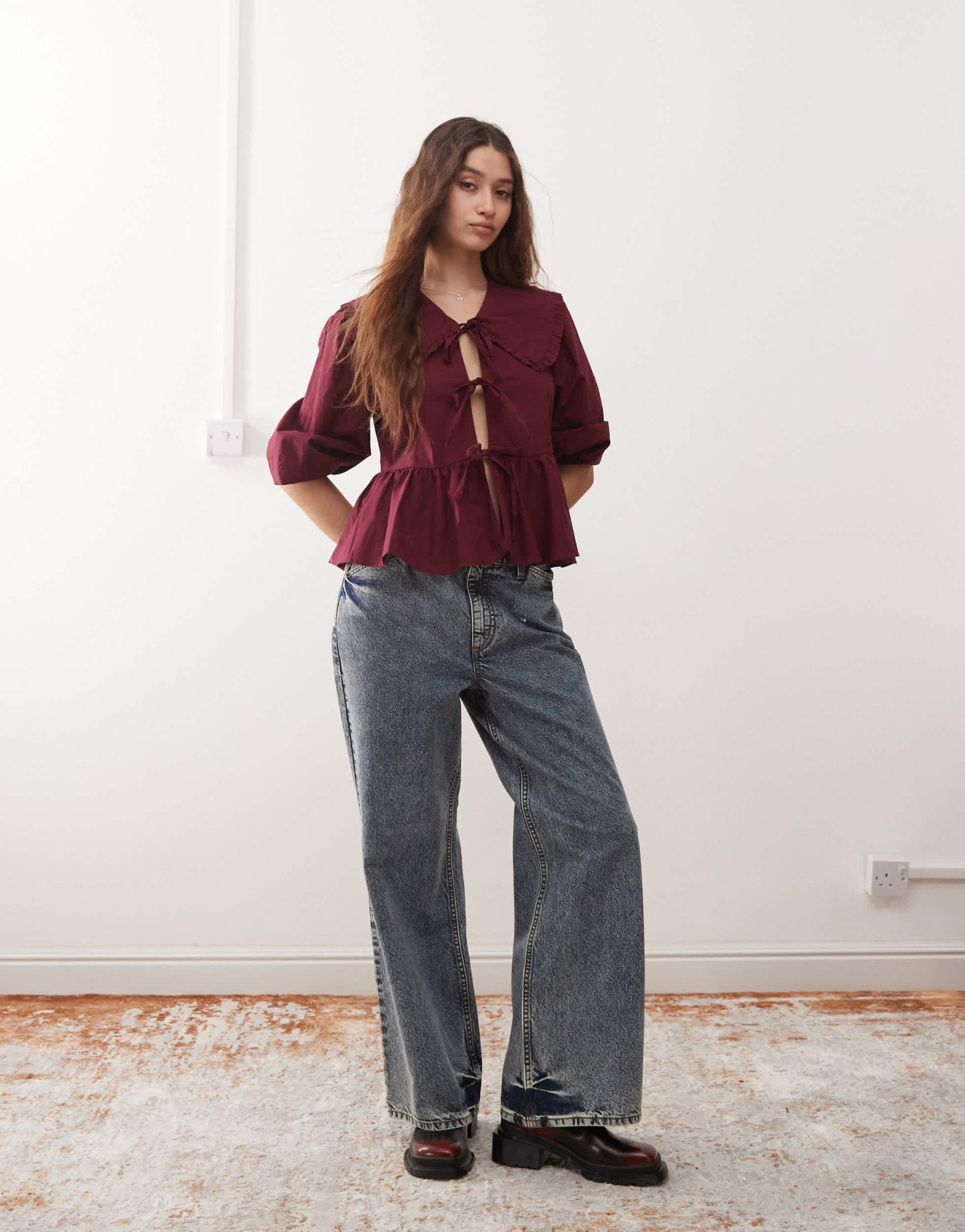 Monki long sleeve frill collared peplum blouse in burgundy - ASOS Sample Sale