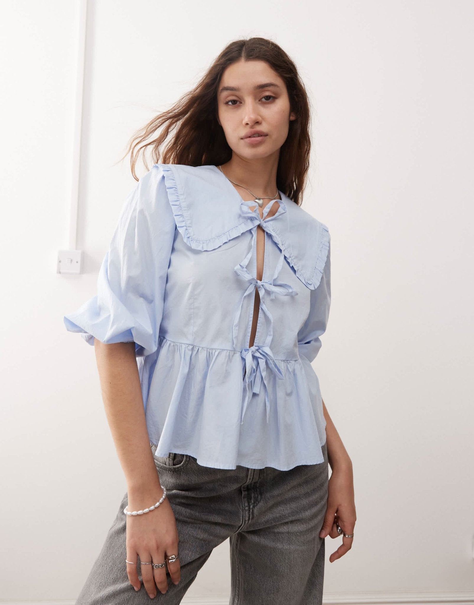 Monki long sleeve frill collared peplum blouse in light blue - ASOS Sample Sale