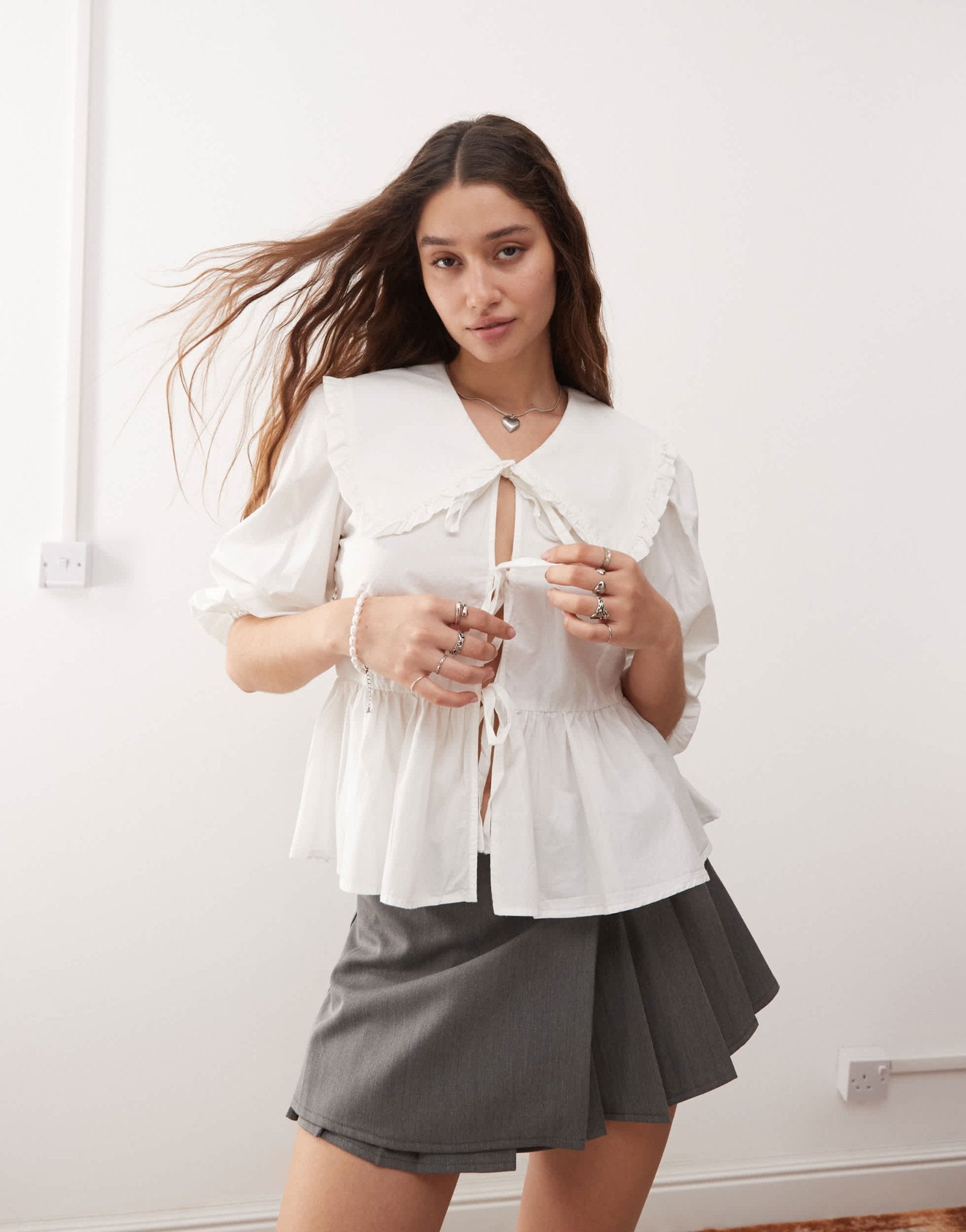 Monki long sleeve frill collared peplum blouse in white - ASOS Sample Sale