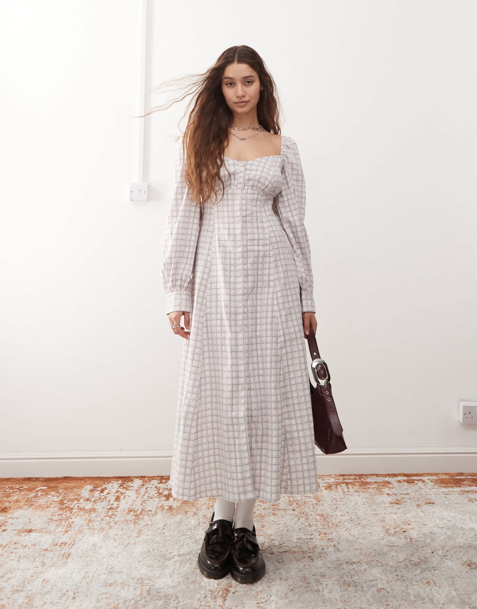 Monki long sleeve full length square neck dress in pink check - ASOS Sample Sale