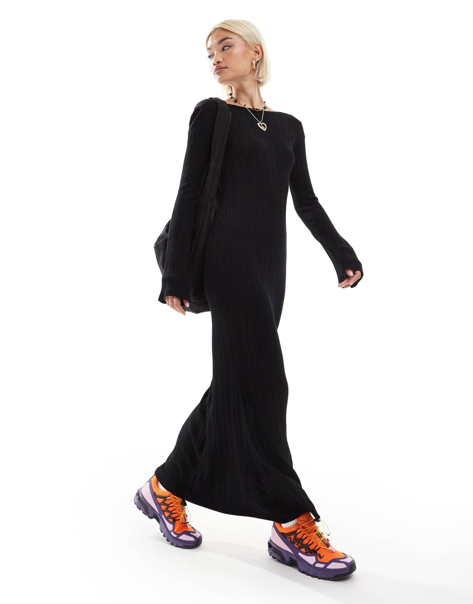 Monki long sleeve knitted slim fit maxi dress in black - ASOS Sample Sale