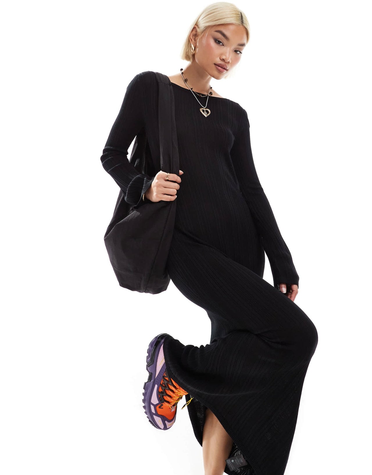 Monki long sleeve knitted slim fit maxi dress in black - ASOS Sample Sale