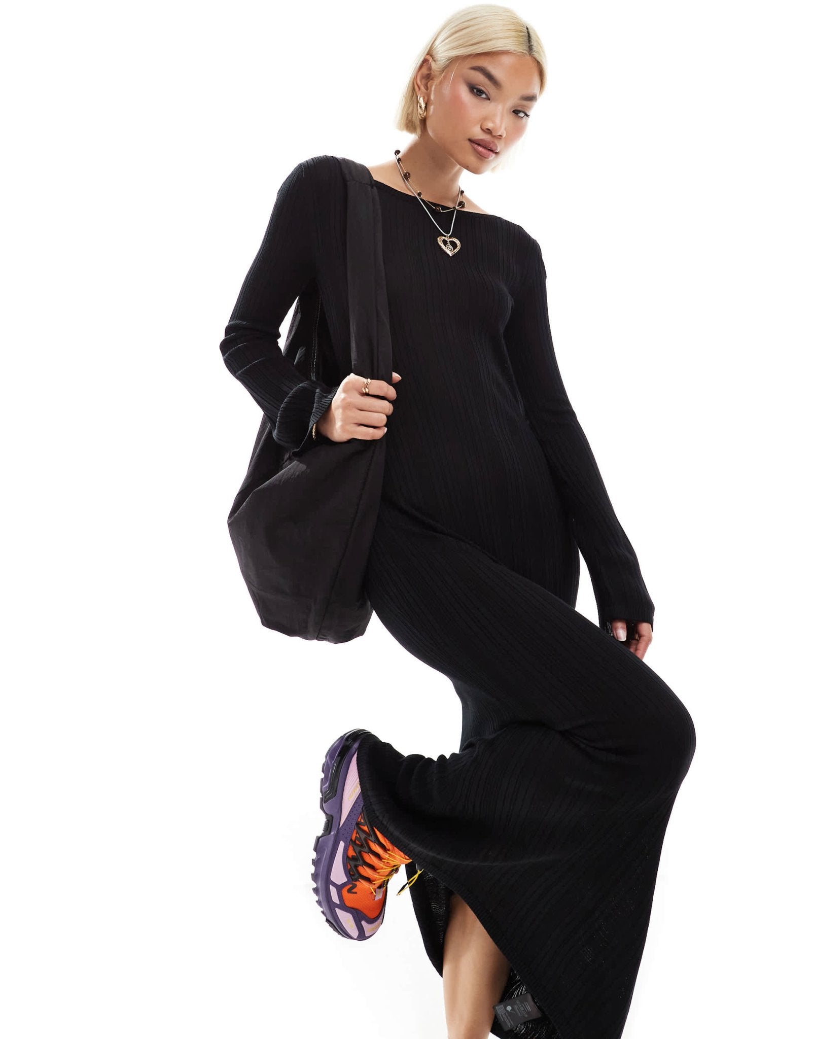 Monki long sleeve knitted slim fit maxi dress in black - ASOS Sample Sale