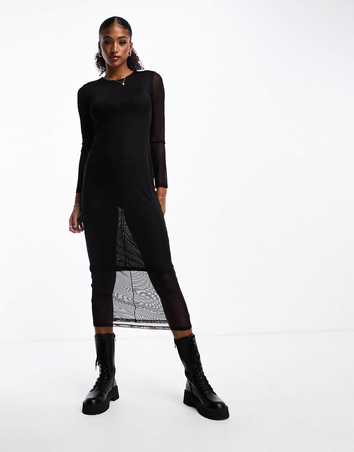 Monki long sleeve mesh midi dress in black - ASOS Sample Sale