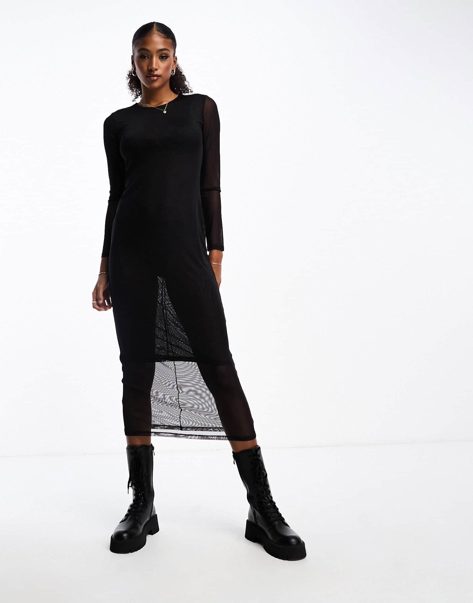 Monki long sleeve mesh midi dress in black - ASOS Sample Sale