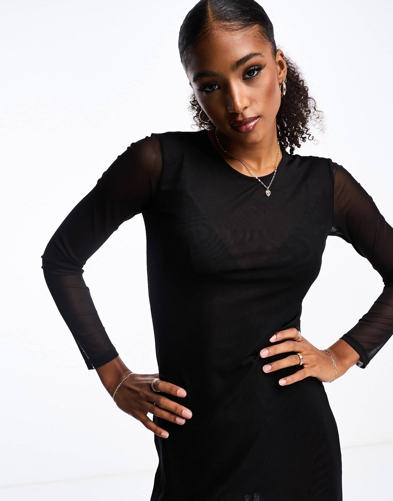 Monki long sleeve mesh midi dress in black - ASOS Sample Sale