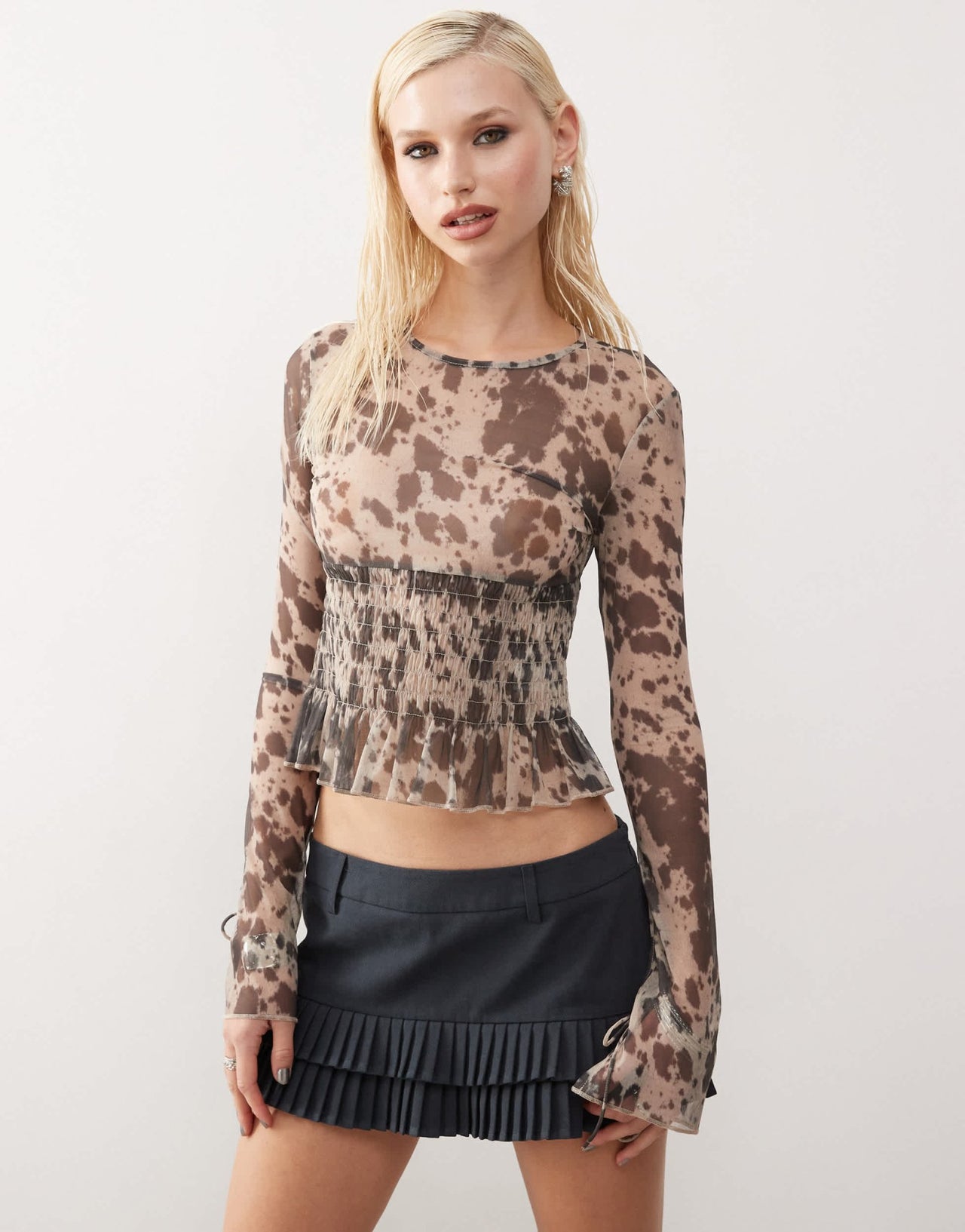 Monki long sleeve mesh shirred top in brown cow print - ASOS Sample Sale